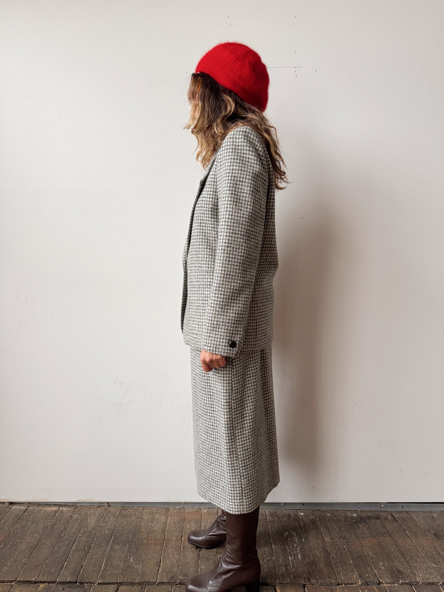 Houndstooth Wool 70s Skirt Suit Set (M)