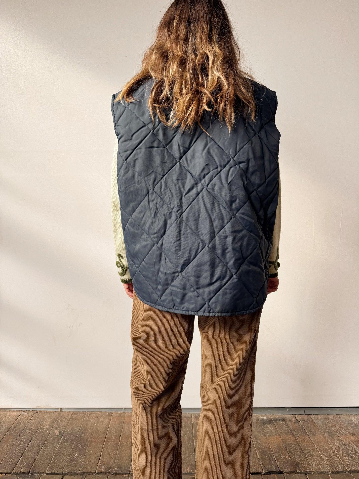 Vintage Quilted Navy Zip Sportswear Vest (M)