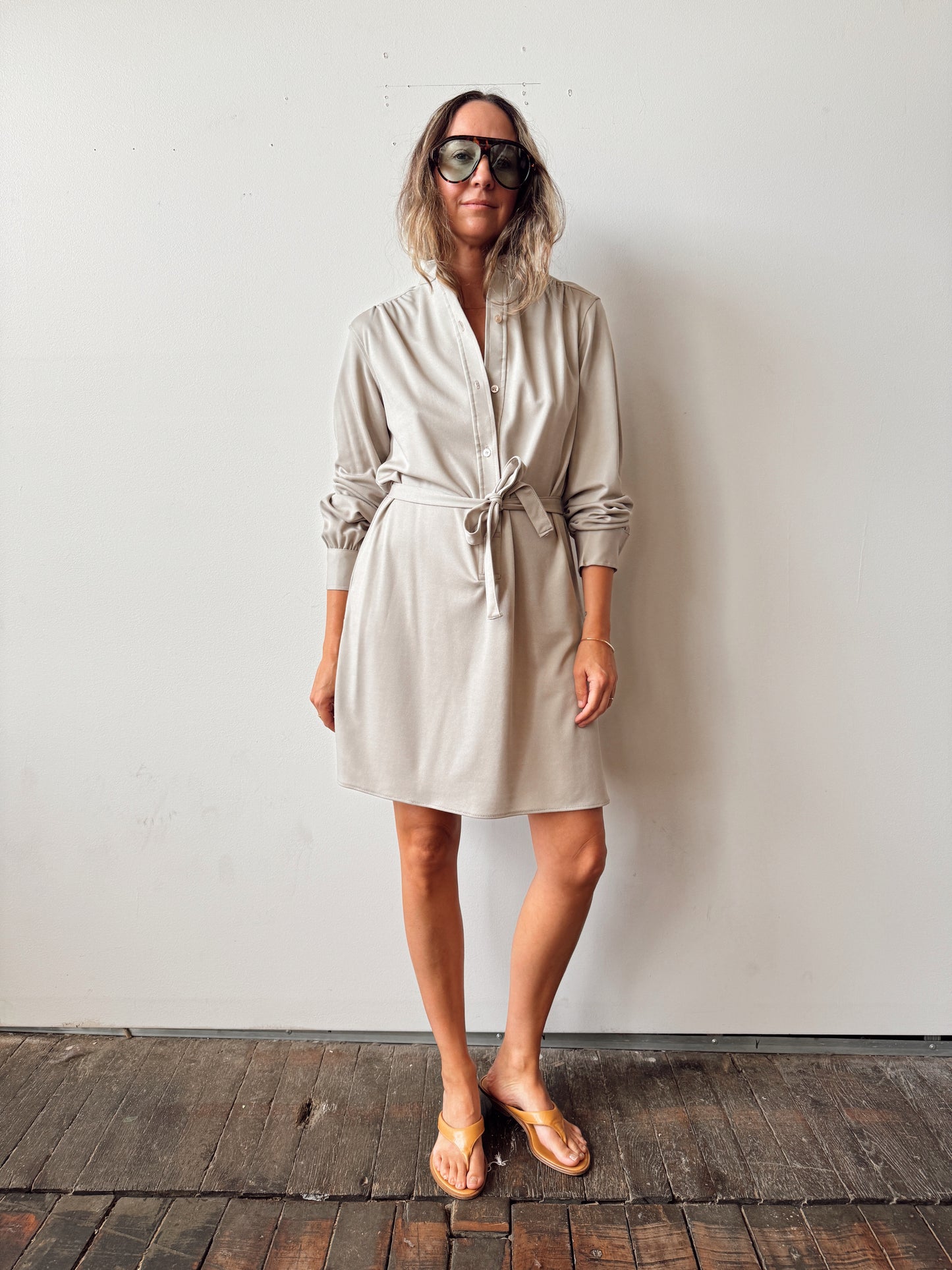 Taupe 70s Polyester Tunic Mini Shirt Dress (S)