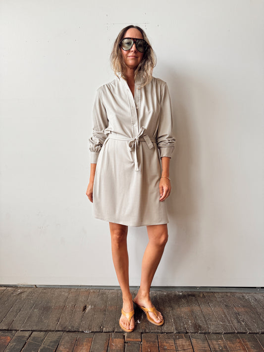 Taupe 70s Polyester Tunic Mini Shirt Dress (S)