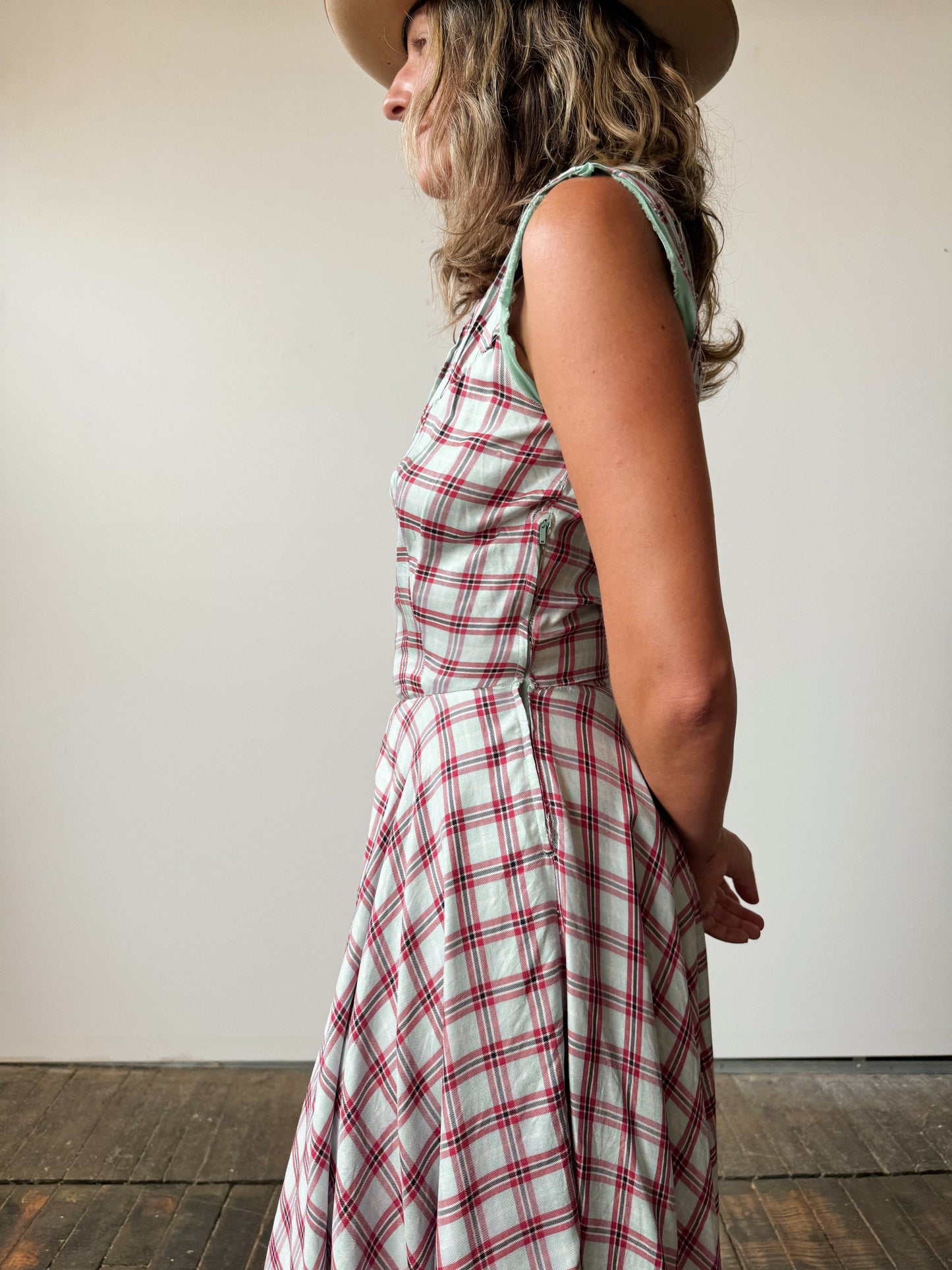 60s Silk Plaid Circle Skirt Dress with Raw Edges (S)