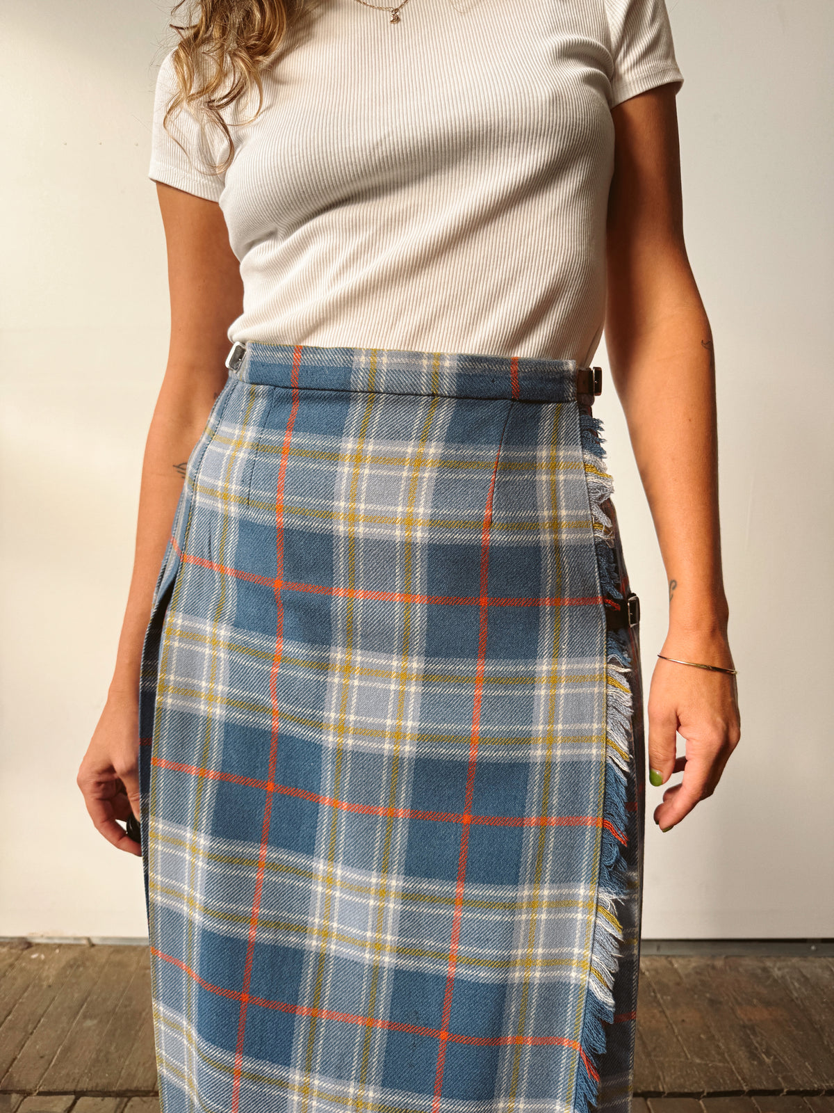 Wool Plaid Wrap Pleat Skirt with Leather Straps