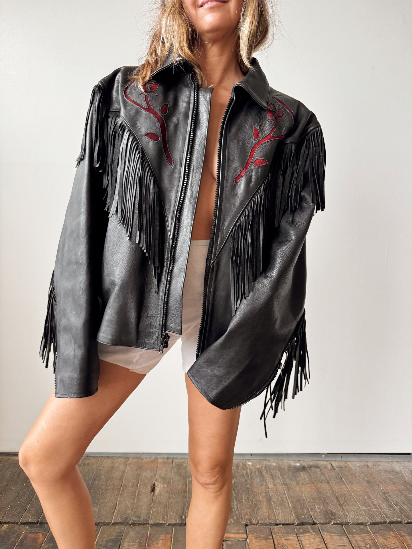 Leather Fringe Motocycle Jacket with Rose Cut-out Details (XL)