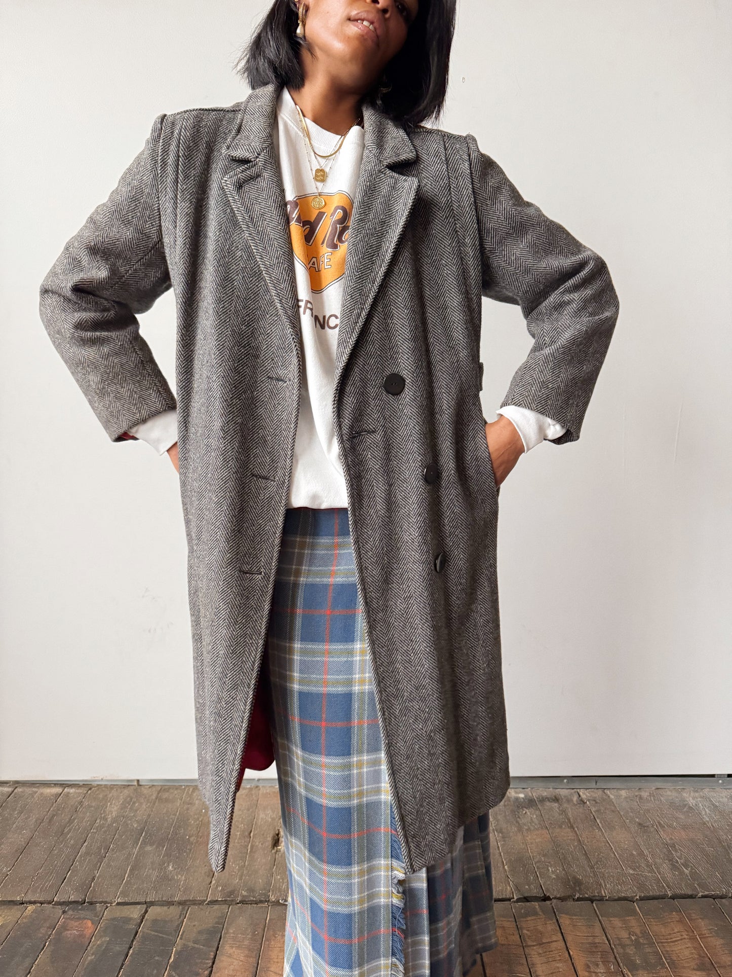 Herringbone Wool Coat with Red Sateen Lining (M)