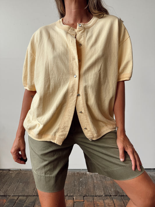 Soft Yellow Knit Pearl Button Cotton Blouse (L)