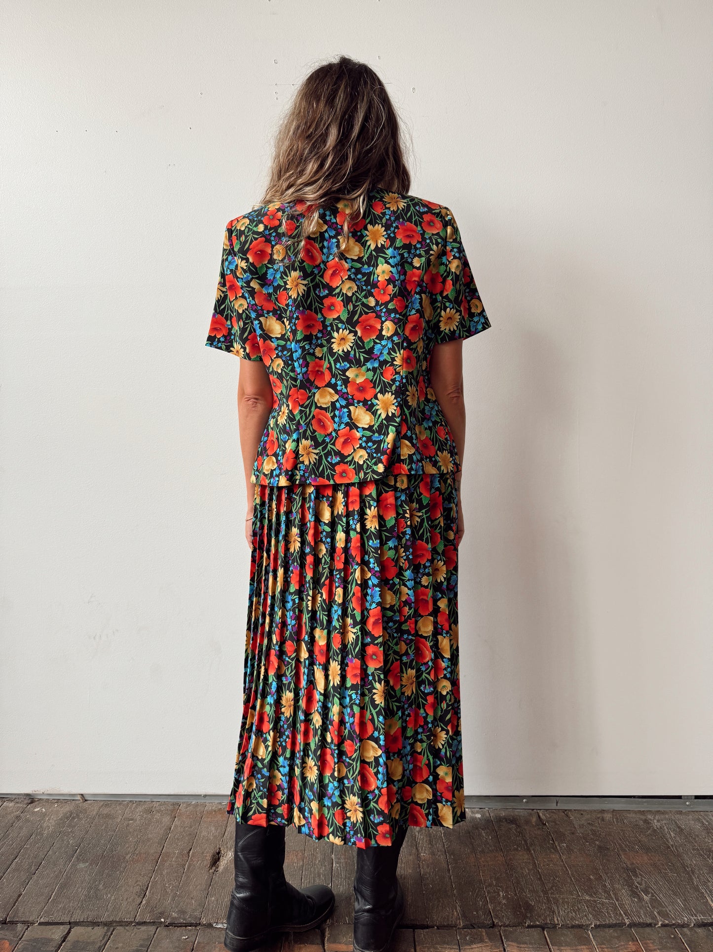 80s Floral Maxi Pleat Skirt Suit (M)