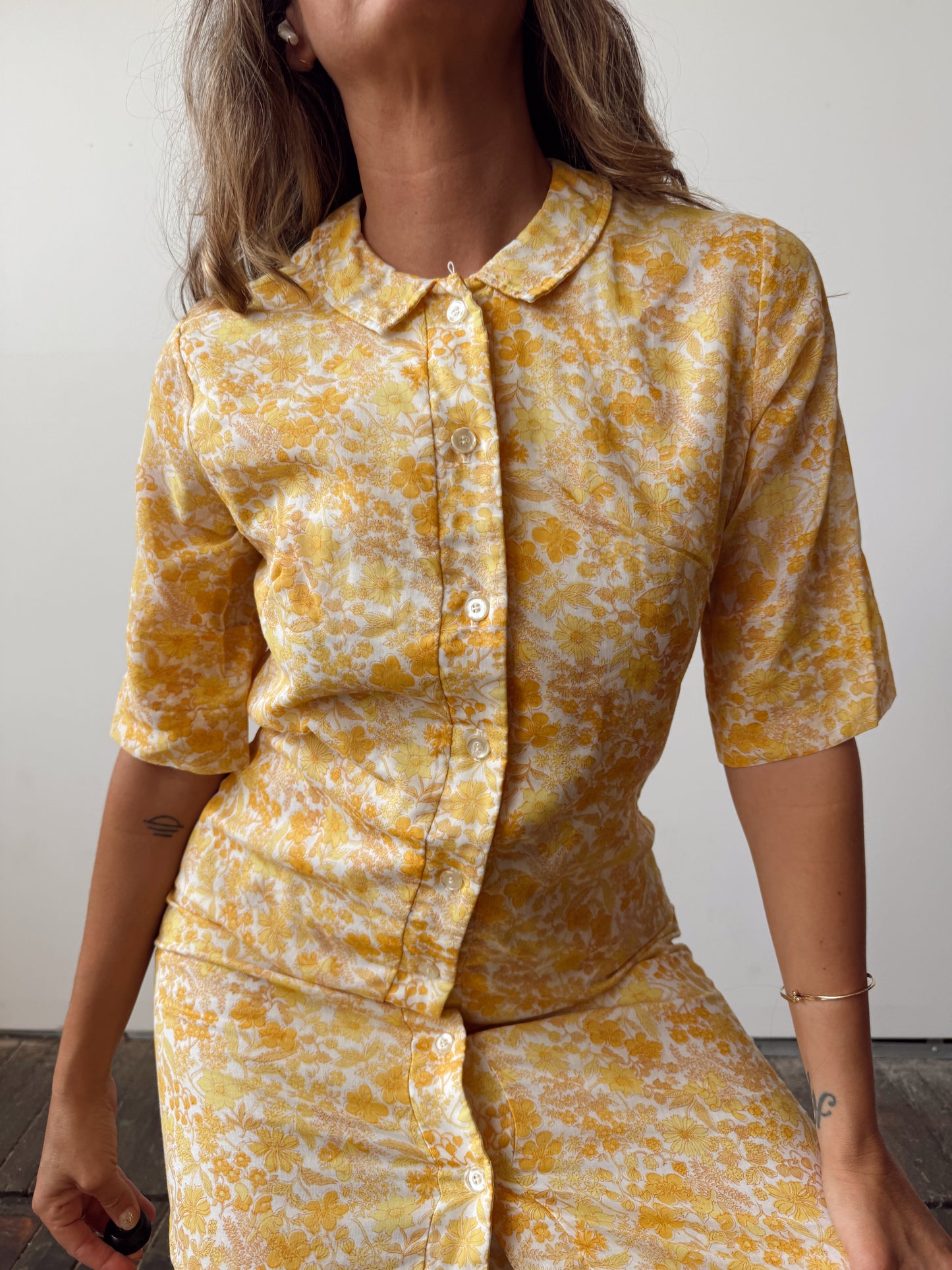 Country Miss 70s Yellow Floral Shirt Dress (M)