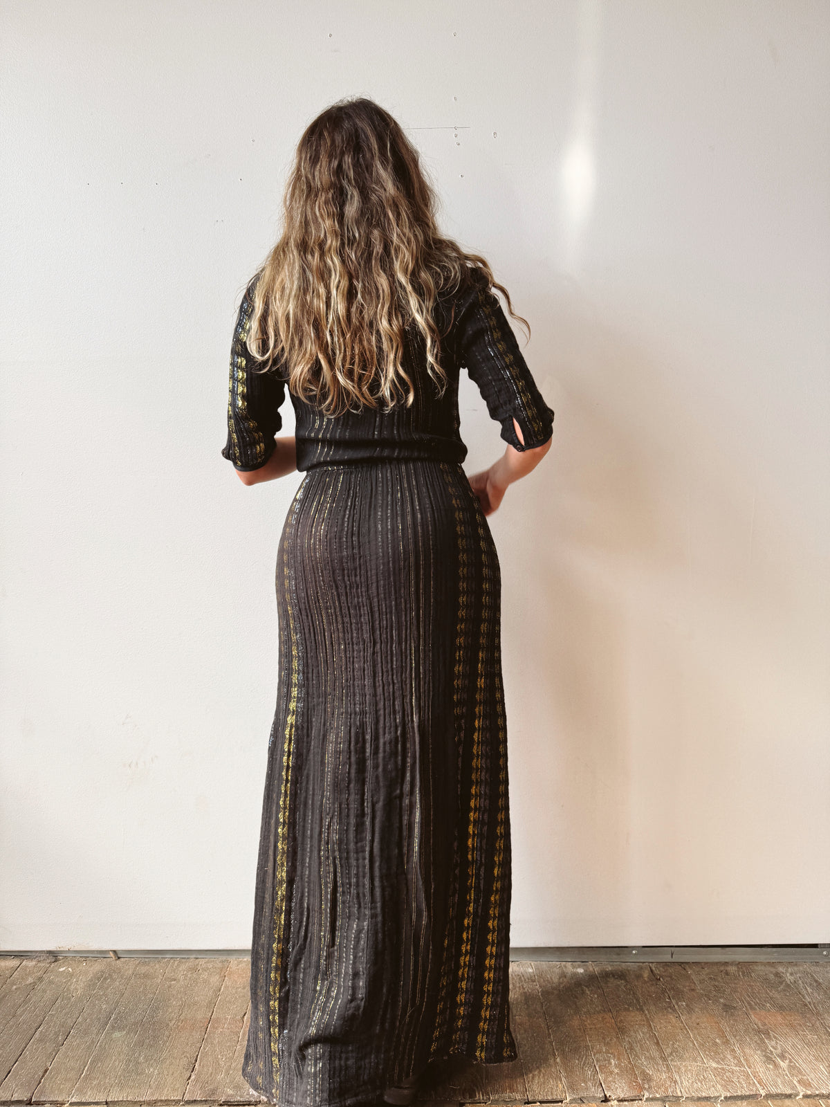 Black Gauze and Gold Contemporary Maxi Dress (S)