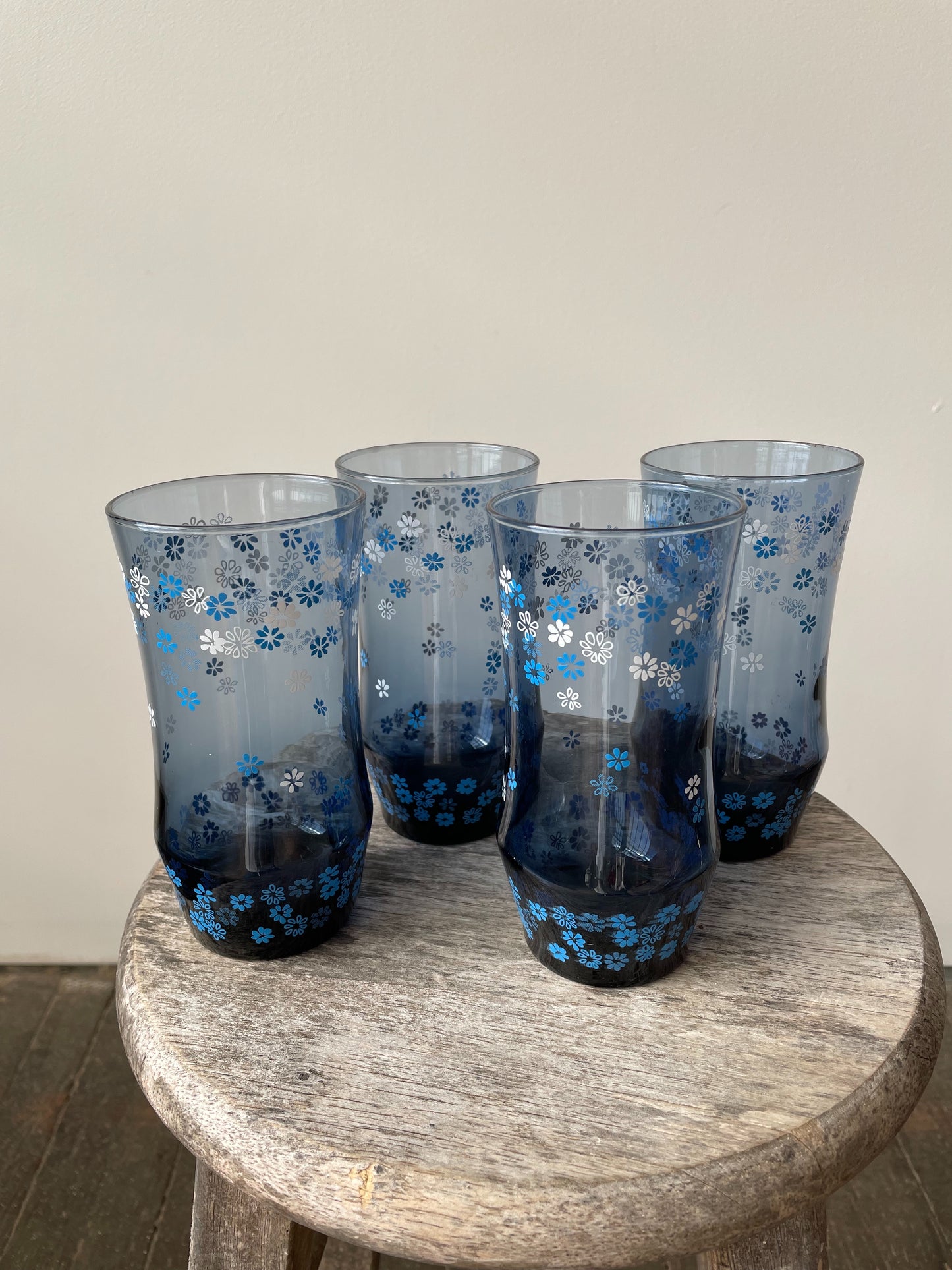 Libbey Blue Daisy Glasses MCM, Set of 4