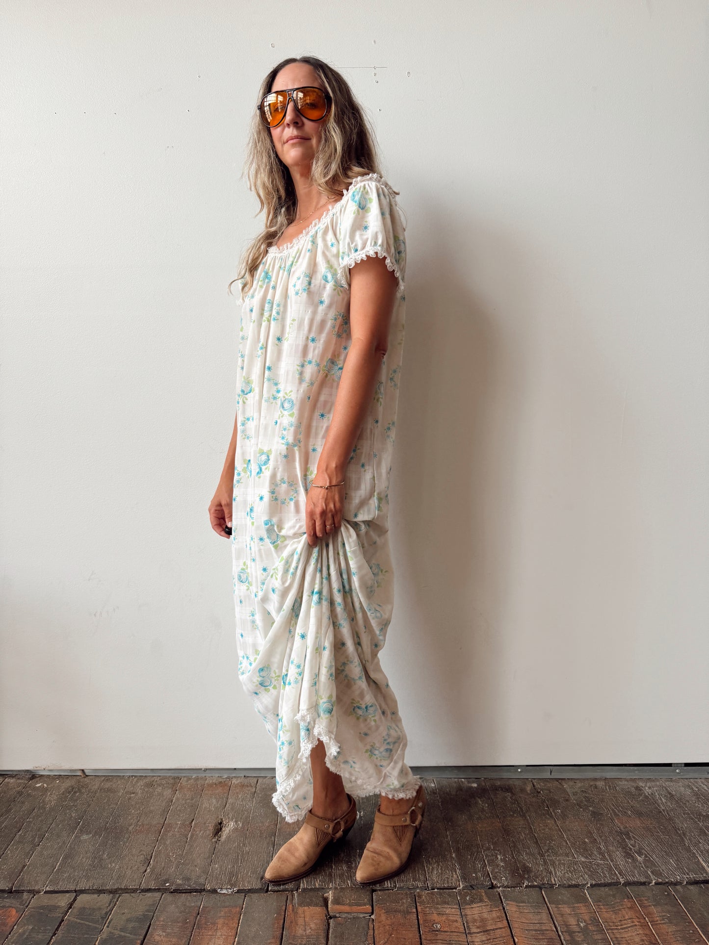70s Nylon Lace Maxi Floral Dress (M)