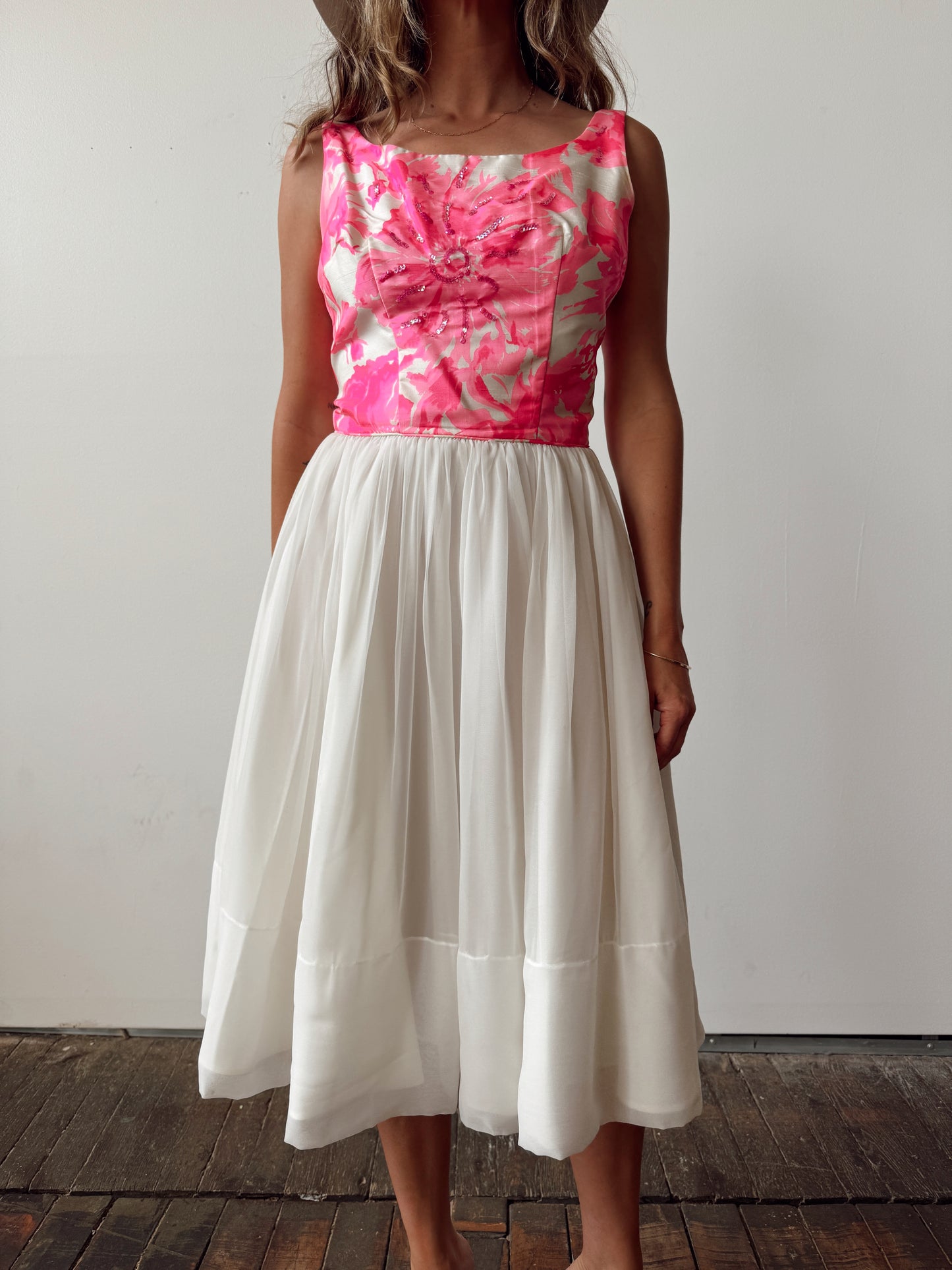 60s Pink Beaded with Chiffon Pleat Skirt (L)