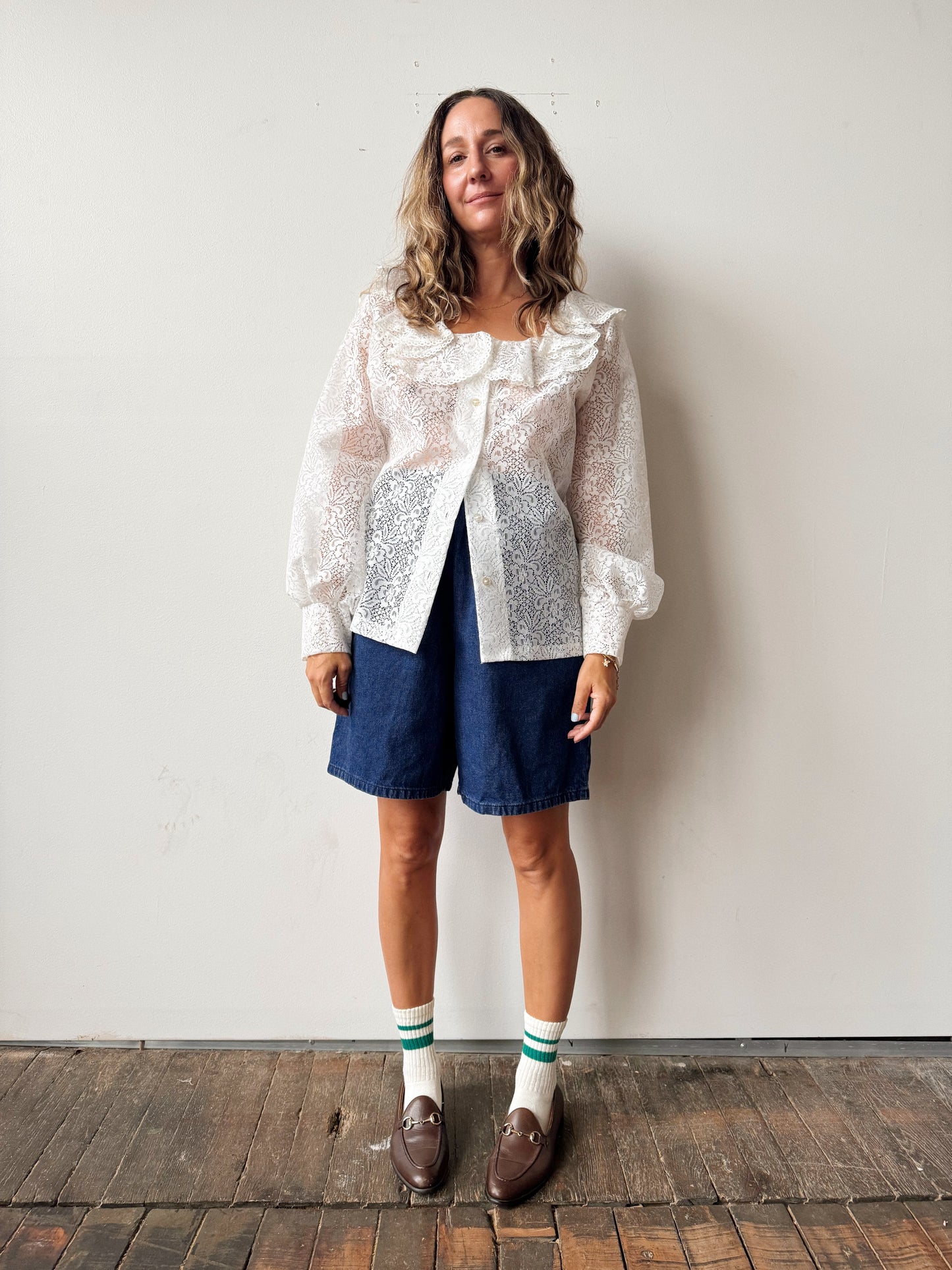 Lace 1950s Nylon Ruffle Blouse (M)