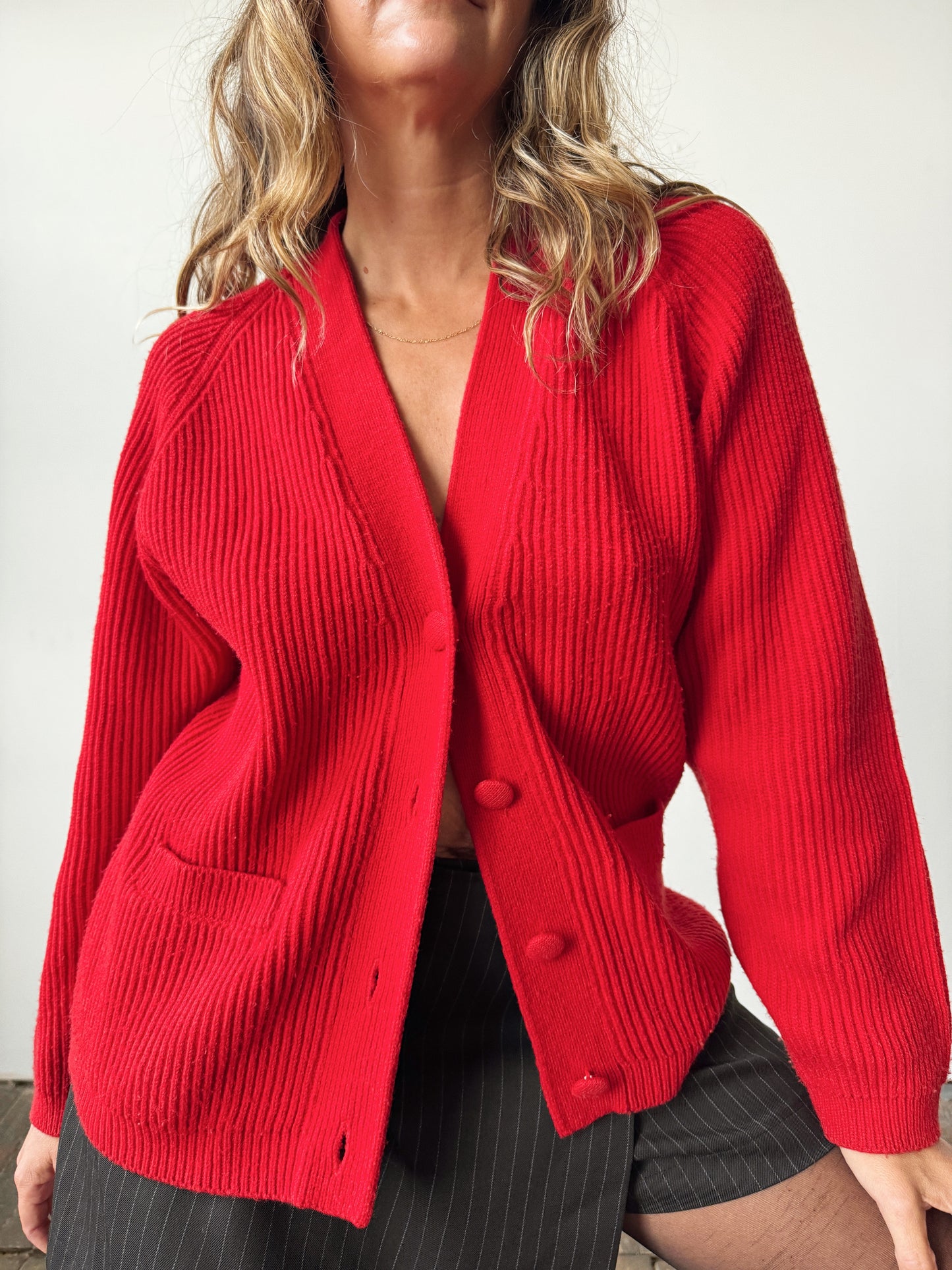 Red Ribbed Knit 90s Cardigan (S)