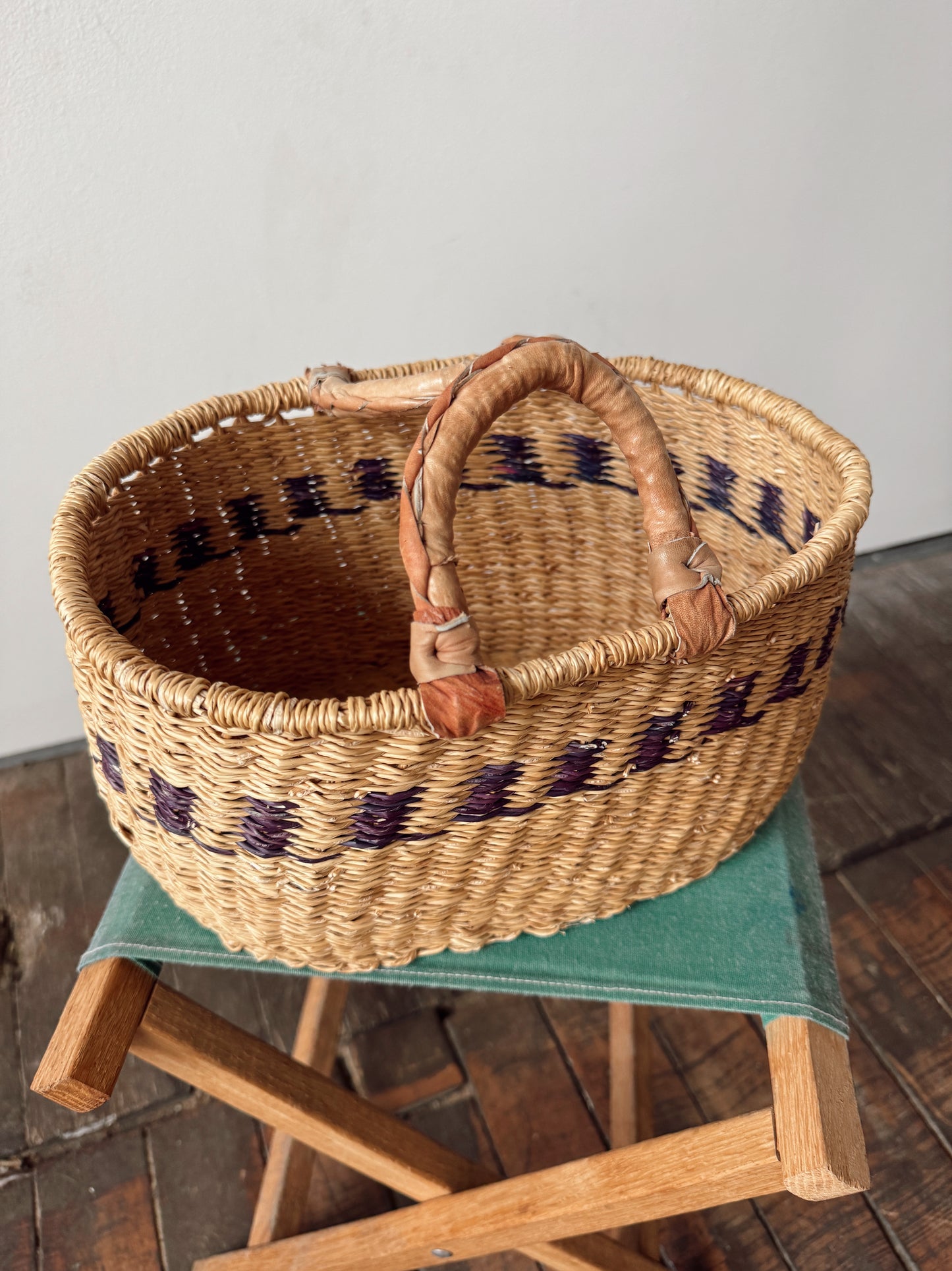 African Bolga Market Basket with Leather-wrapped Handles