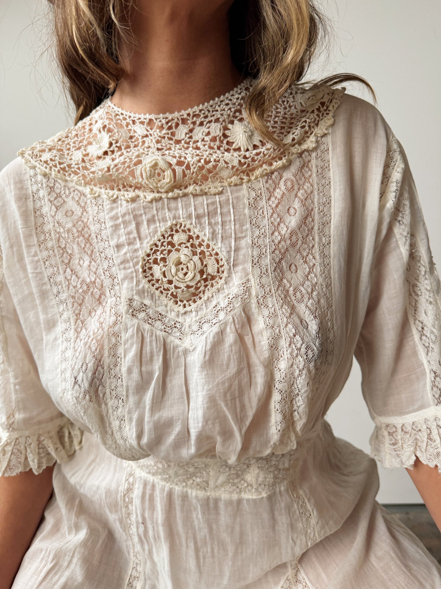 Antique Edwardian 1900s White Cotton Lace Dress (M)