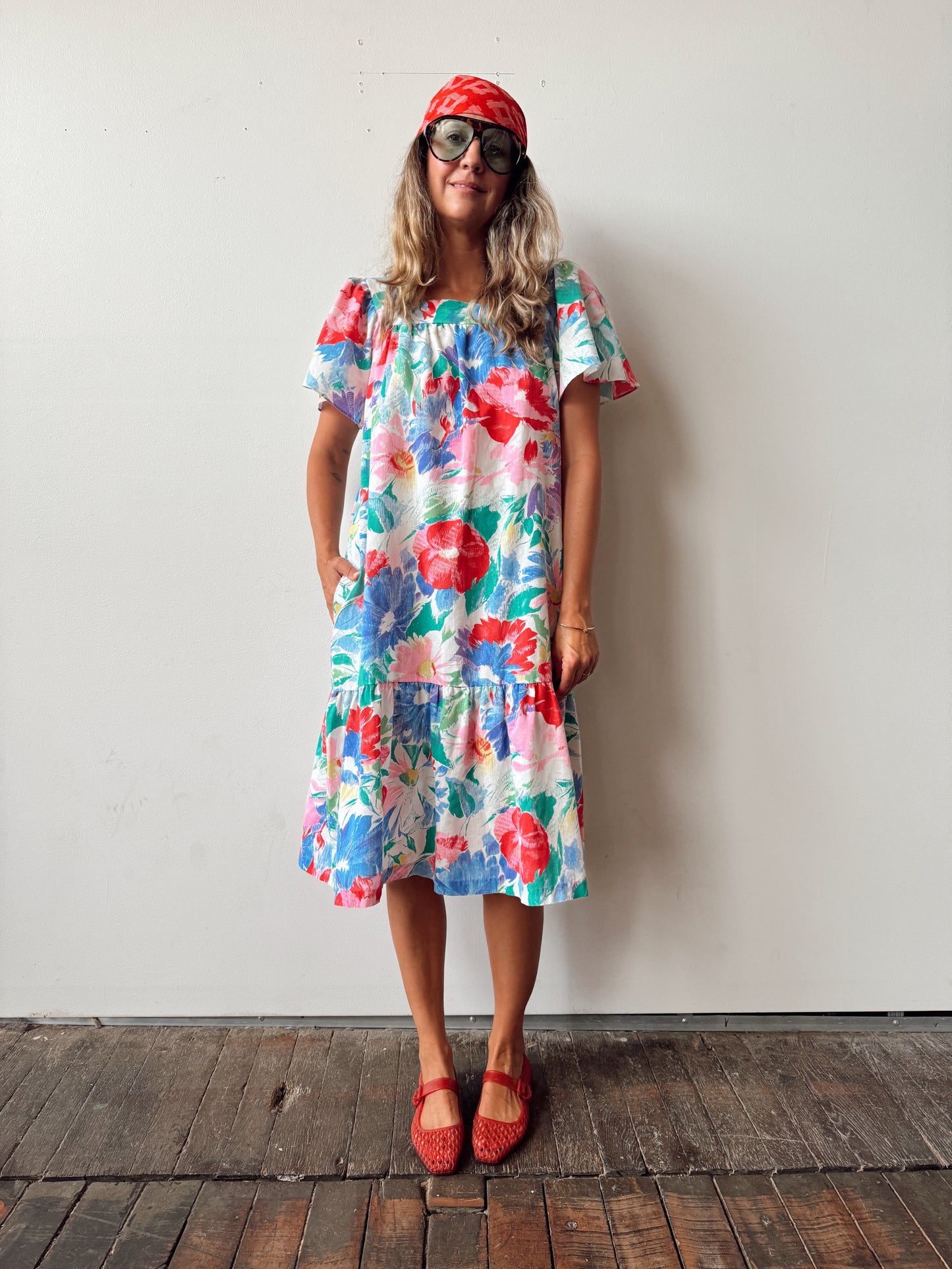 Hibiscus Washed Vintage Mumu Cotton Dress (M)