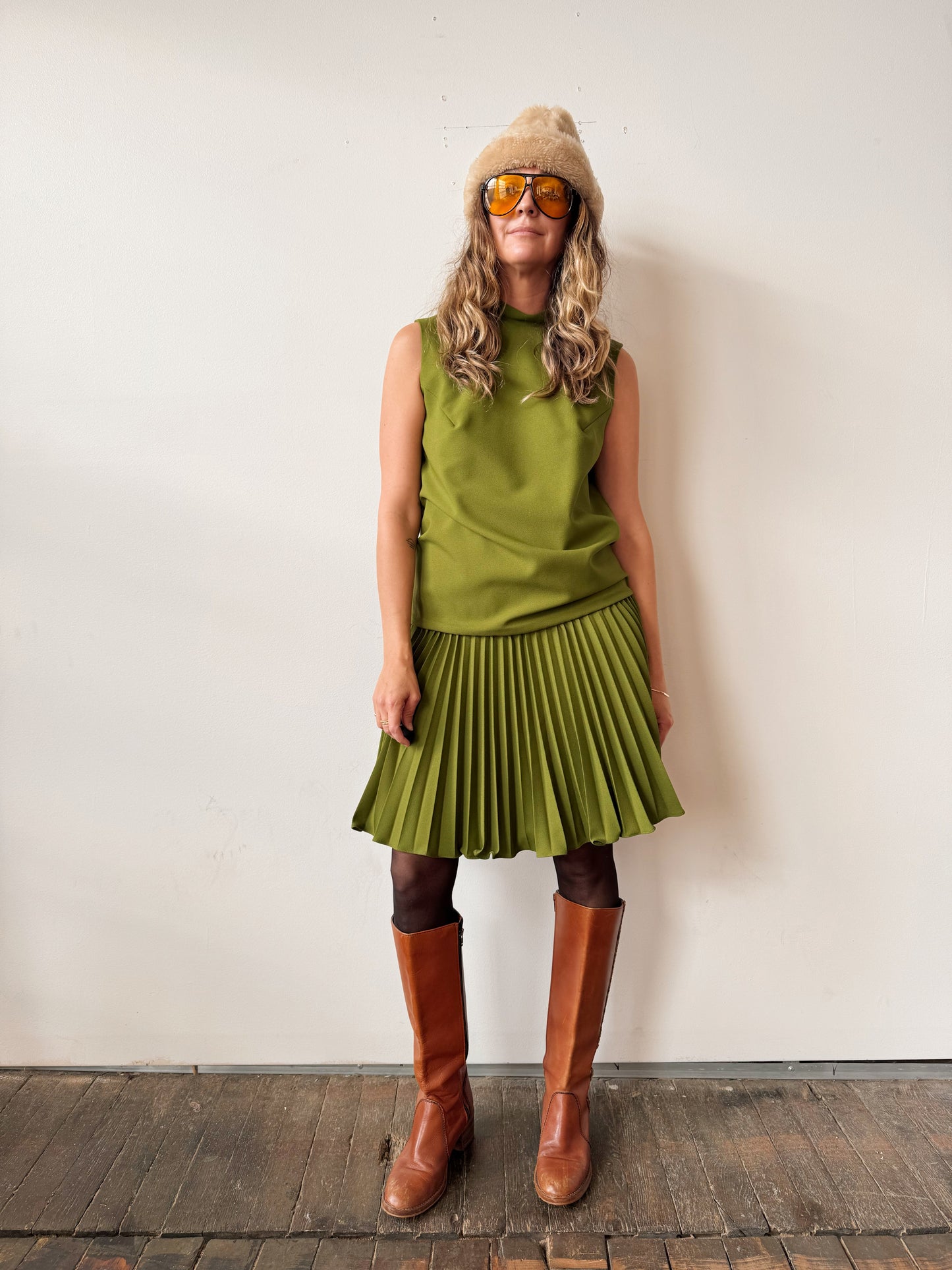 60s Pava Design Drop-waist Pleated Skirt Dress (M)