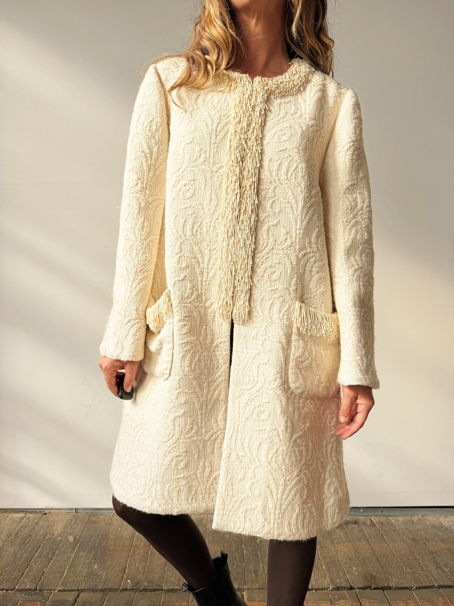 Ivory Bead and Texture Duster Coat, Contemproary (L)