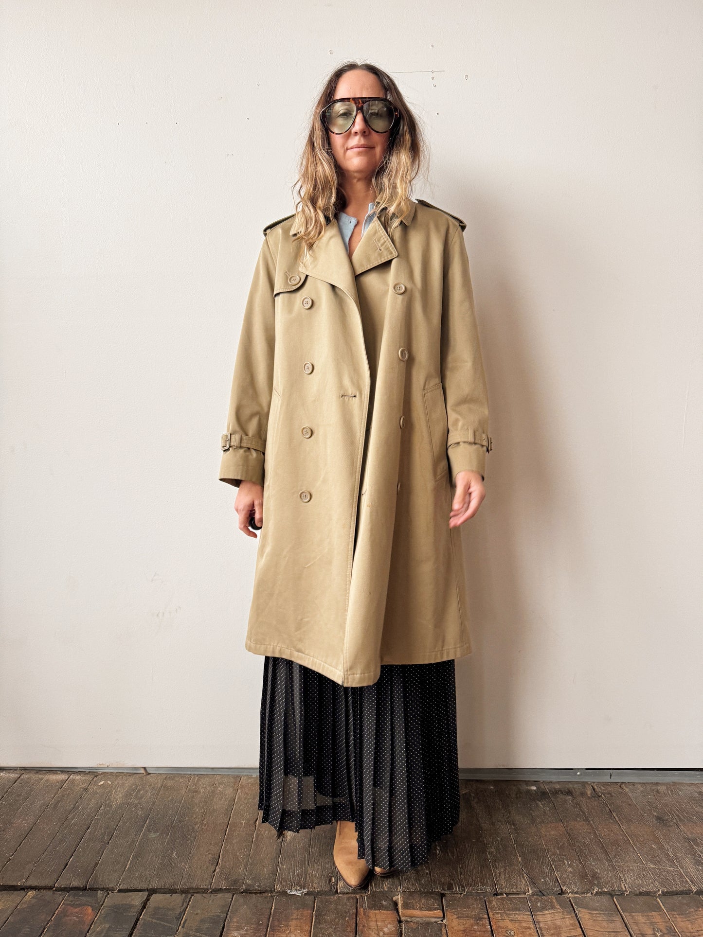 90 Quilted Lined Beige Double-Breasted Trench Coat (S)