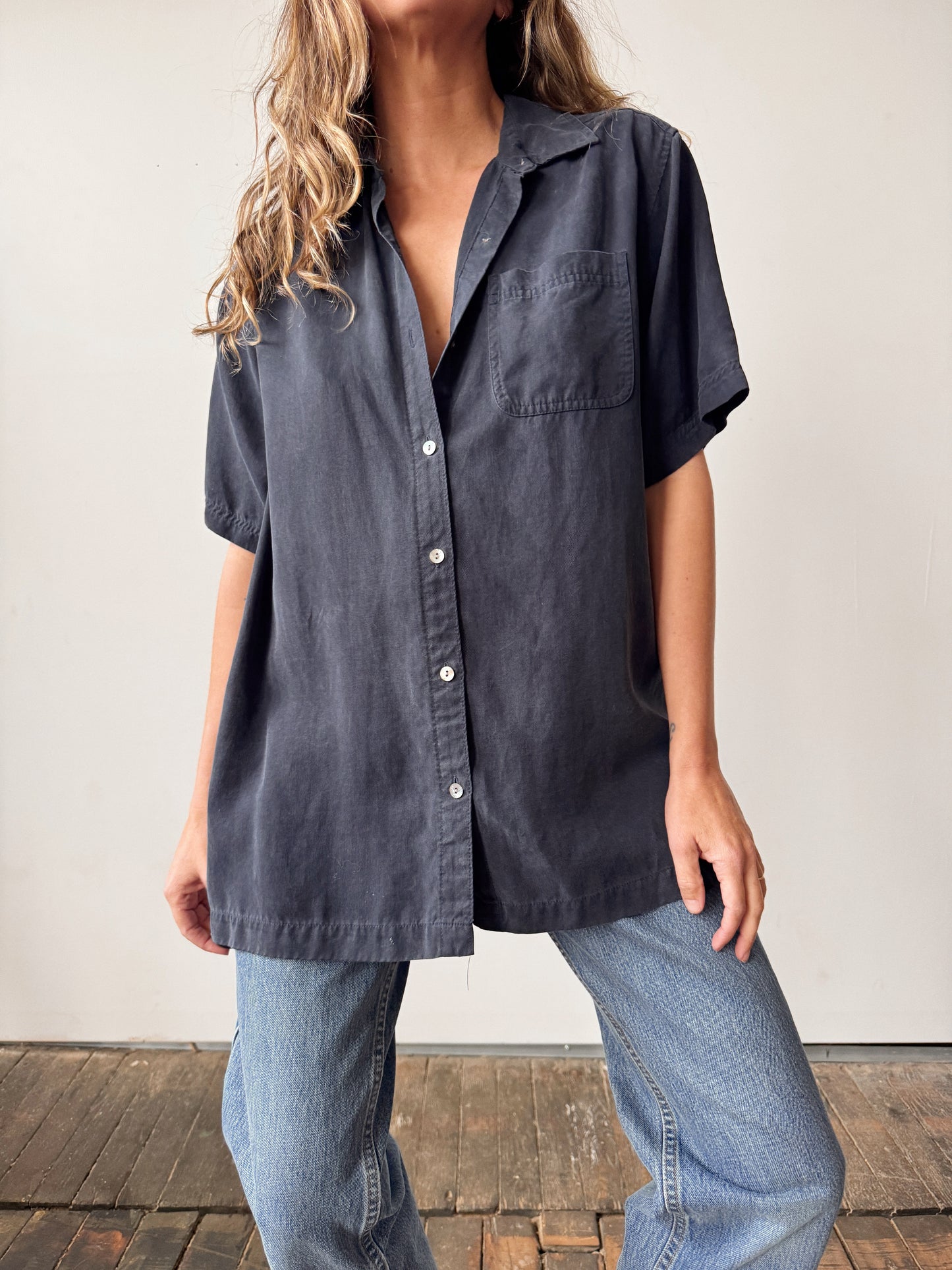 Navy Short Sleeve 90s Blouse (L)
