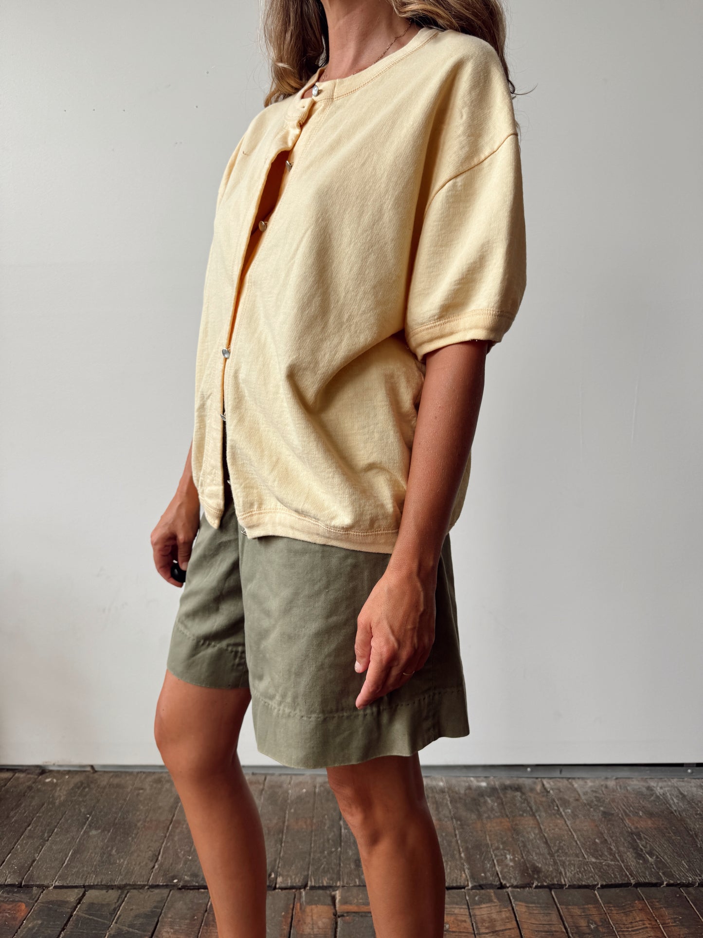 Soft Yellow Knit Pearl Button Cotton Blouse (L)