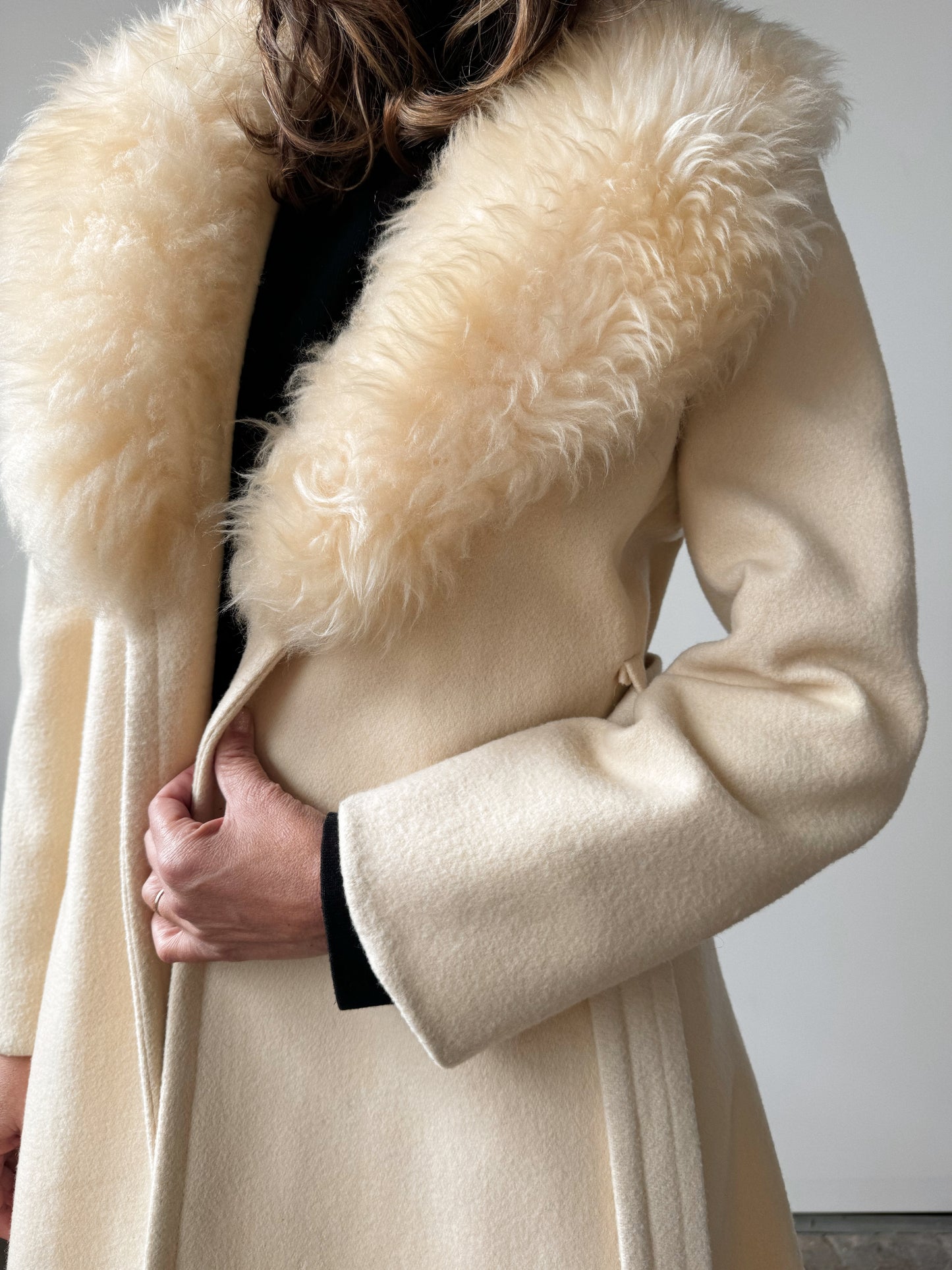 Cream Belted 70s Faux Fur Wool Jacket