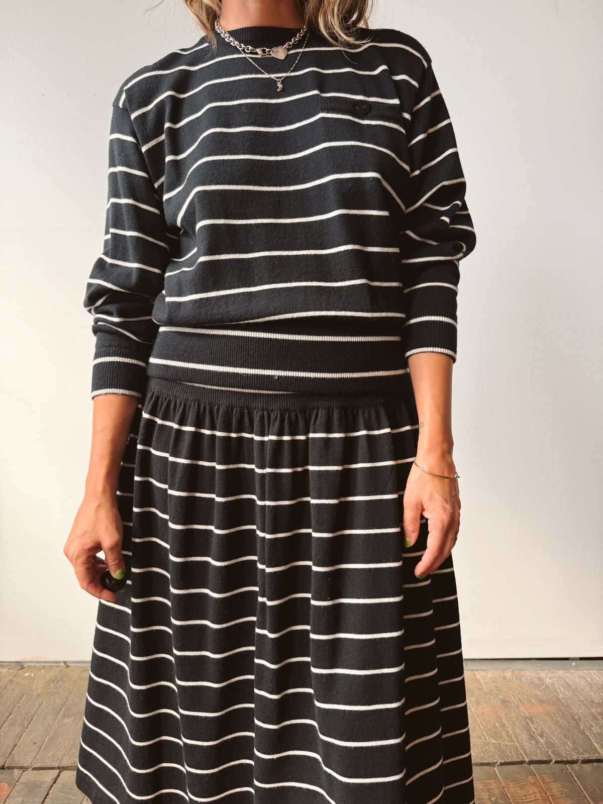 Striped Knit 90s Skirt and Sweater Set (S)