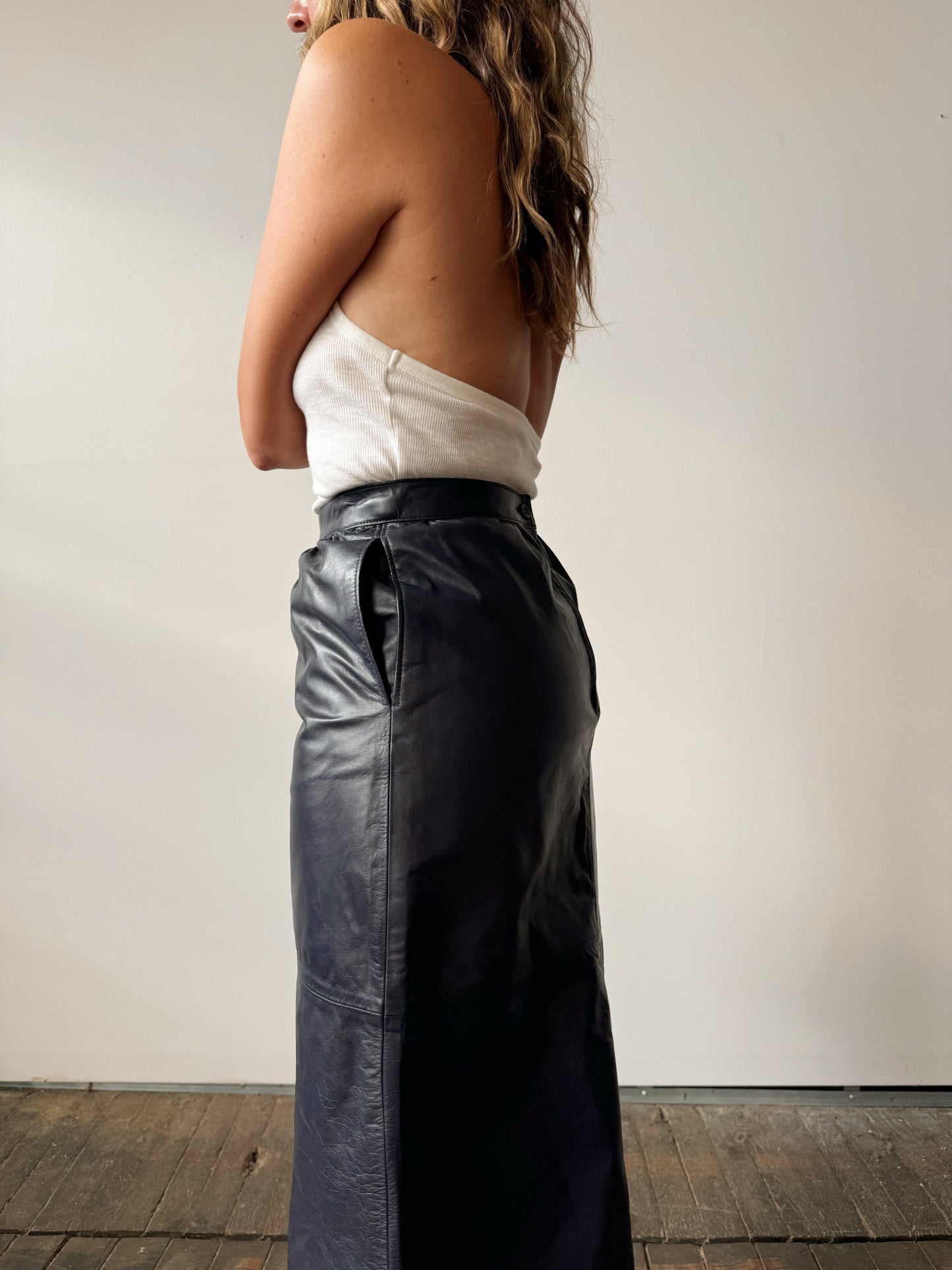 West Bay Navy Leather Midi Skirt (26")