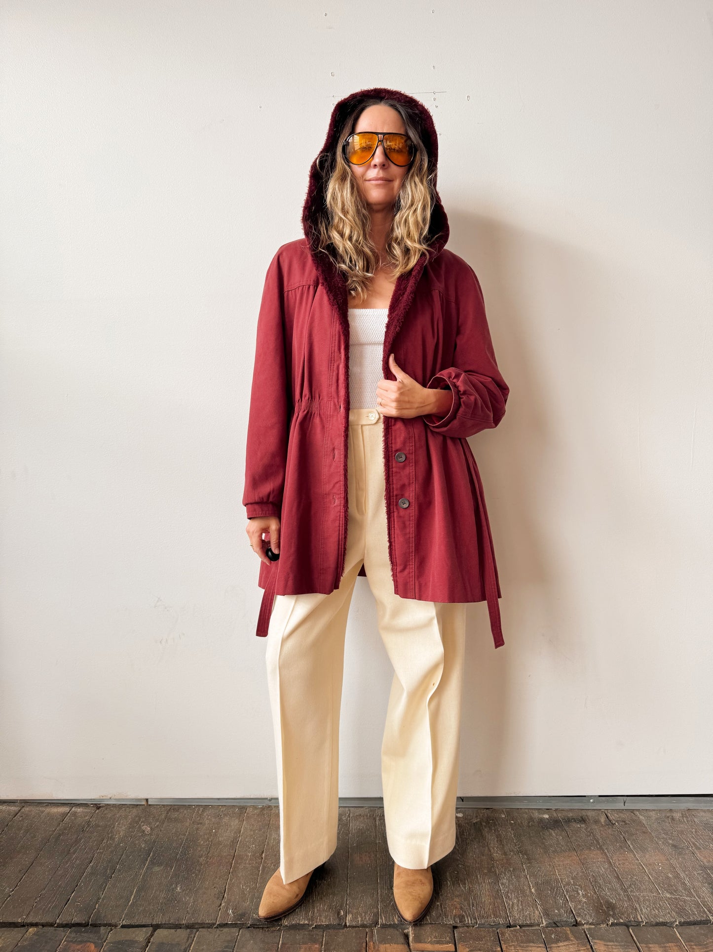 Burgandy Bonders Hooded Faux Fur-lined Coat (M)