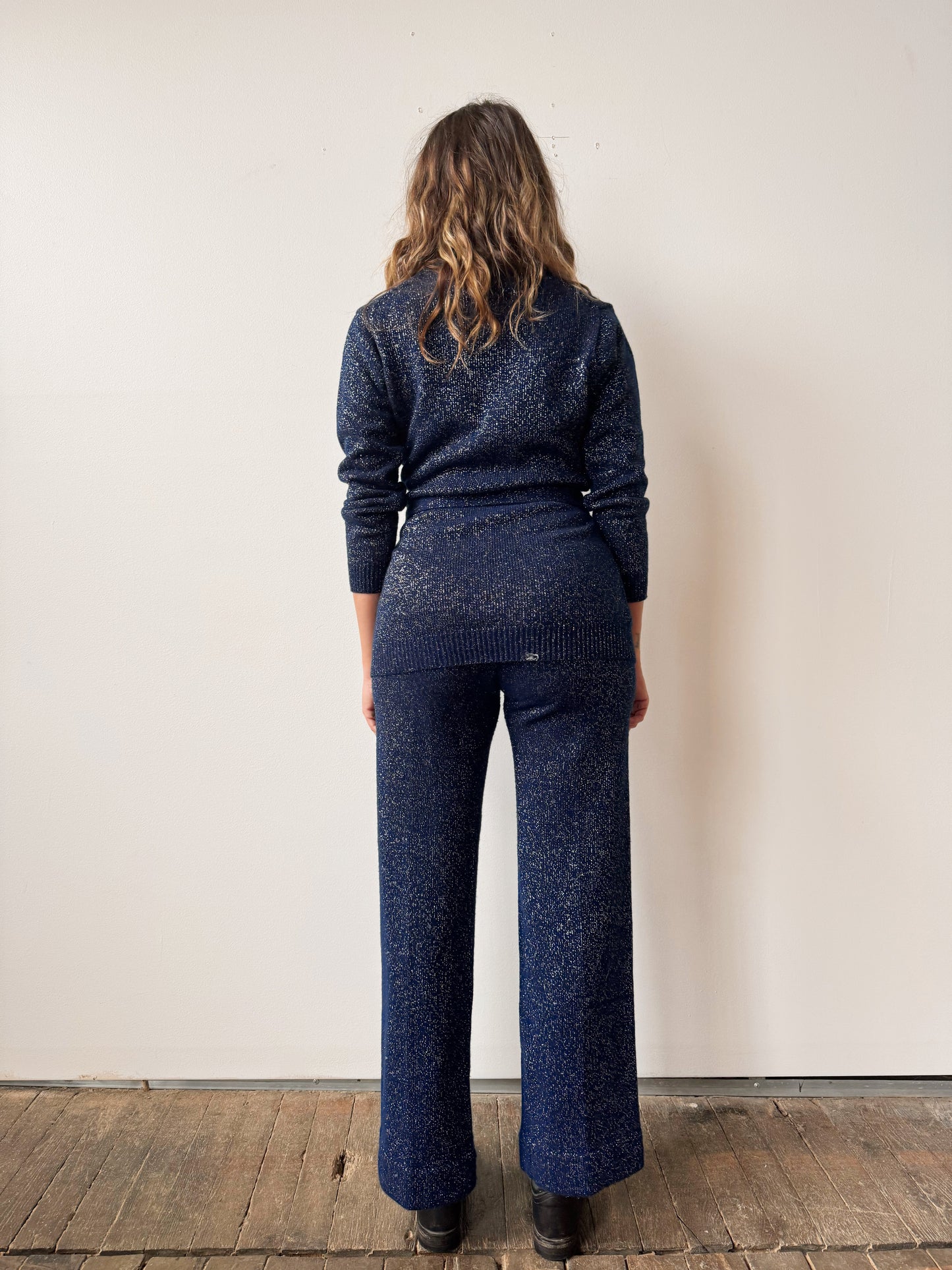 60s Navy and Metallic Knit Pant Suit (M)