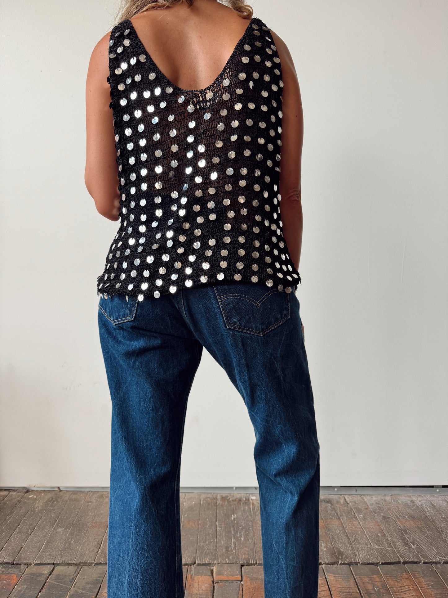 70s Crochet Knit Sequin Button Front Tank (M)
