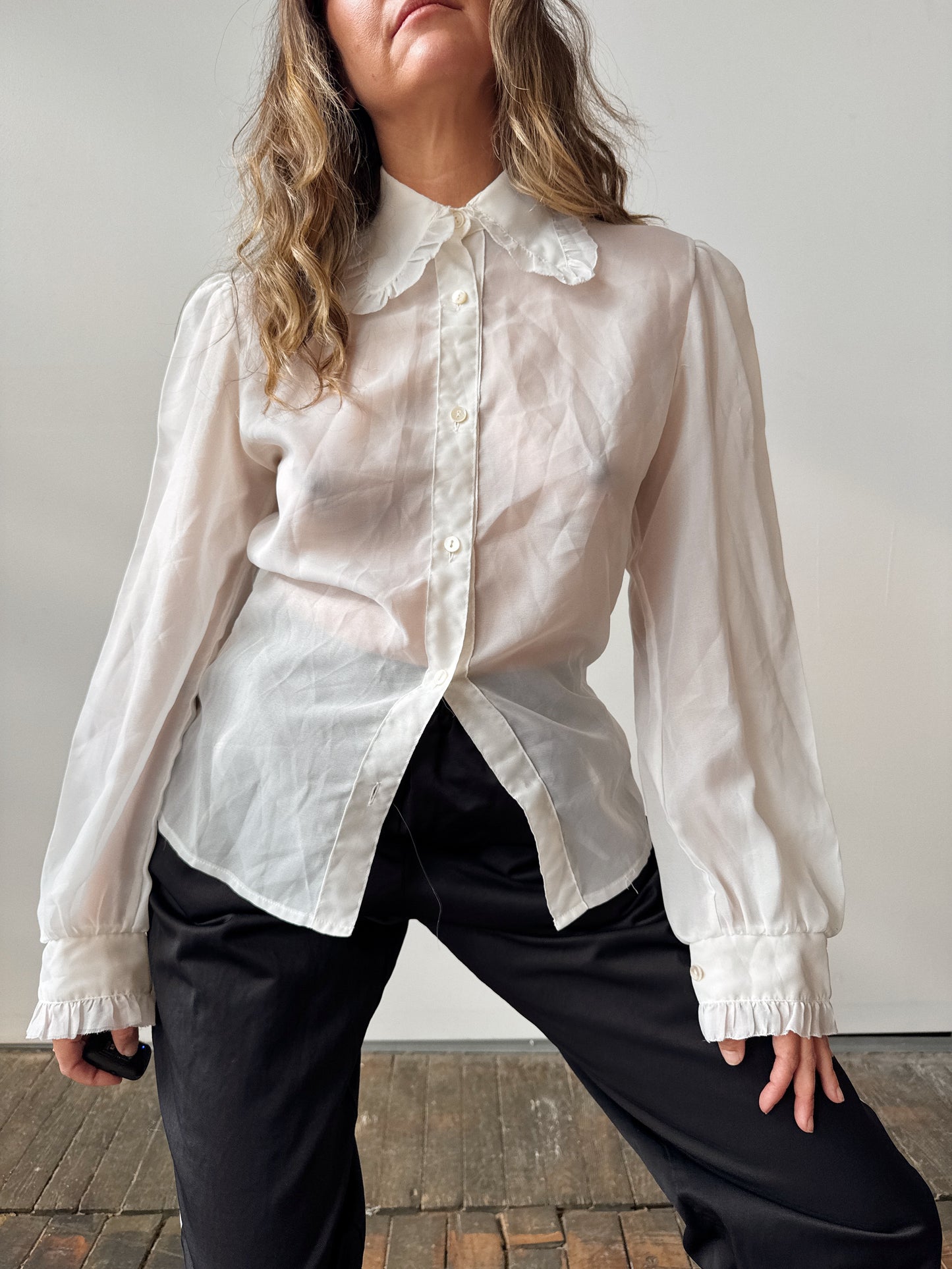 Sheer Chiffon 70s Savvy Ruffle Blouse (XS)
