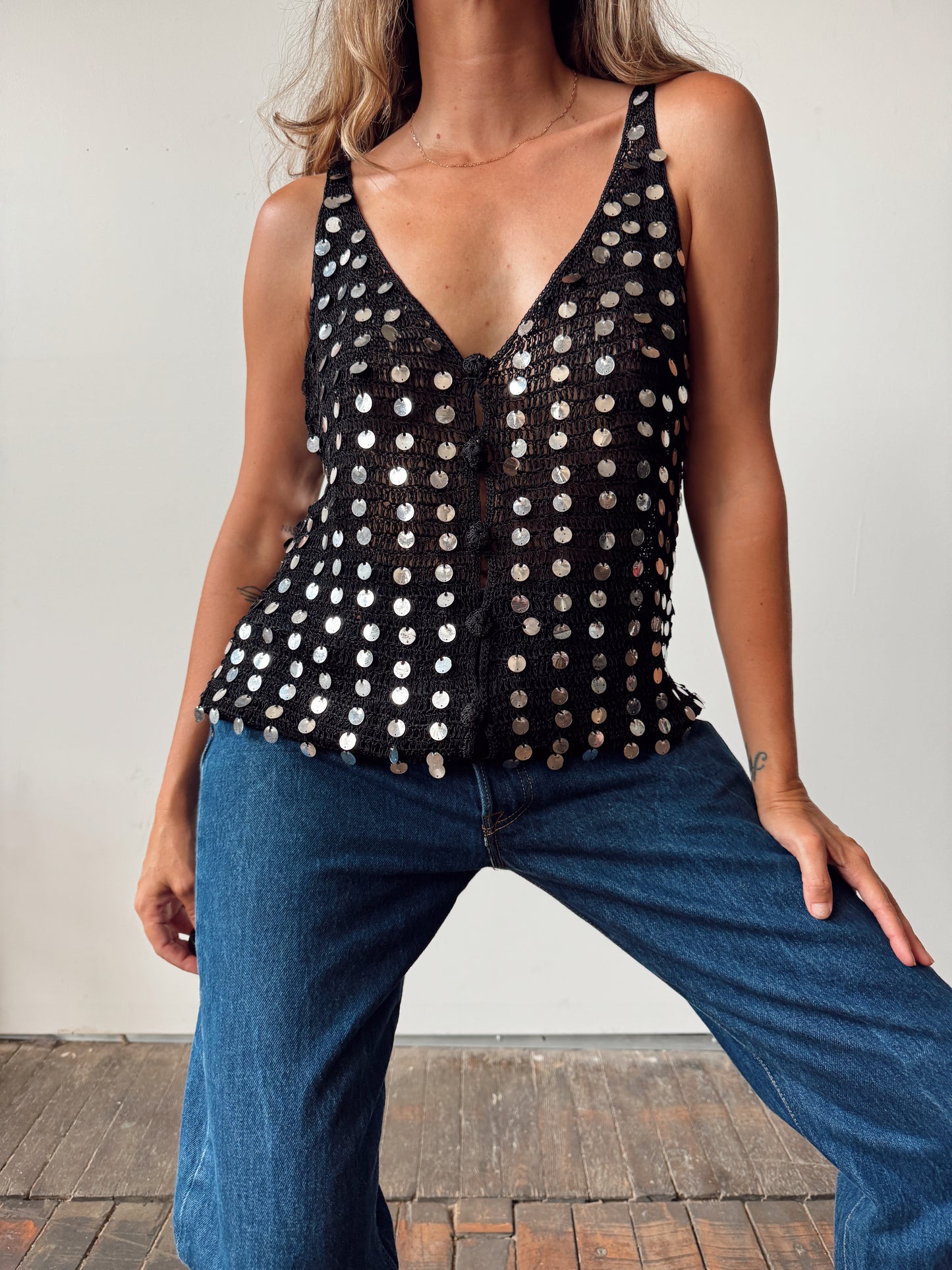 70s Crochet Knit Sequin Button Front Tank (M)