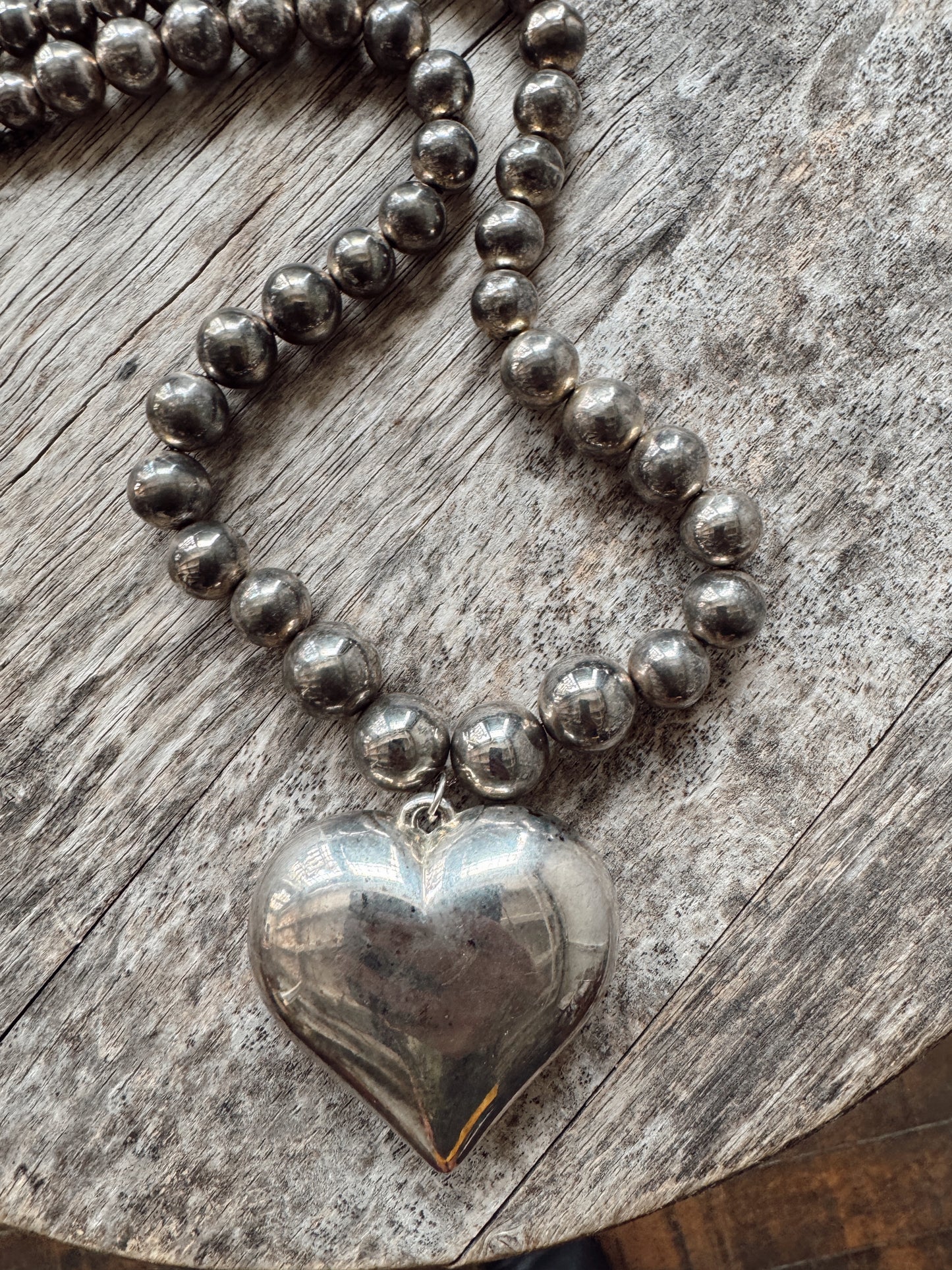 Oversize Heart Beaded Silver Tone Long Necklace