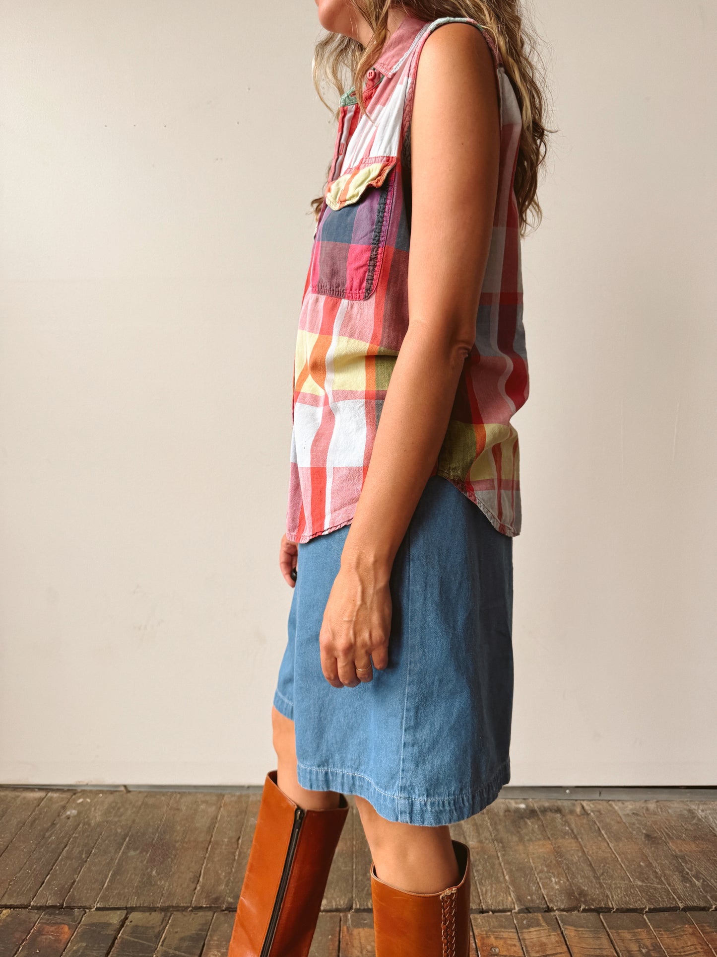 80s Short Circuit Plaid Colorful Sleeveless Top (M)