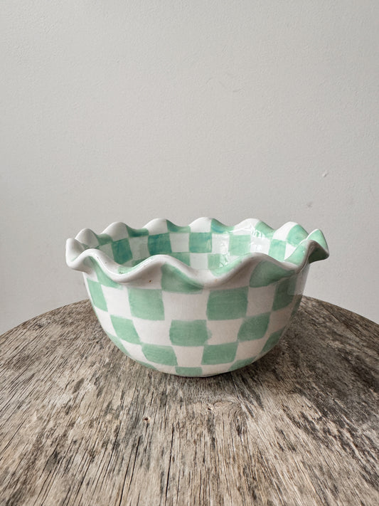 Checkered Ceramic Scalloped Bowl
