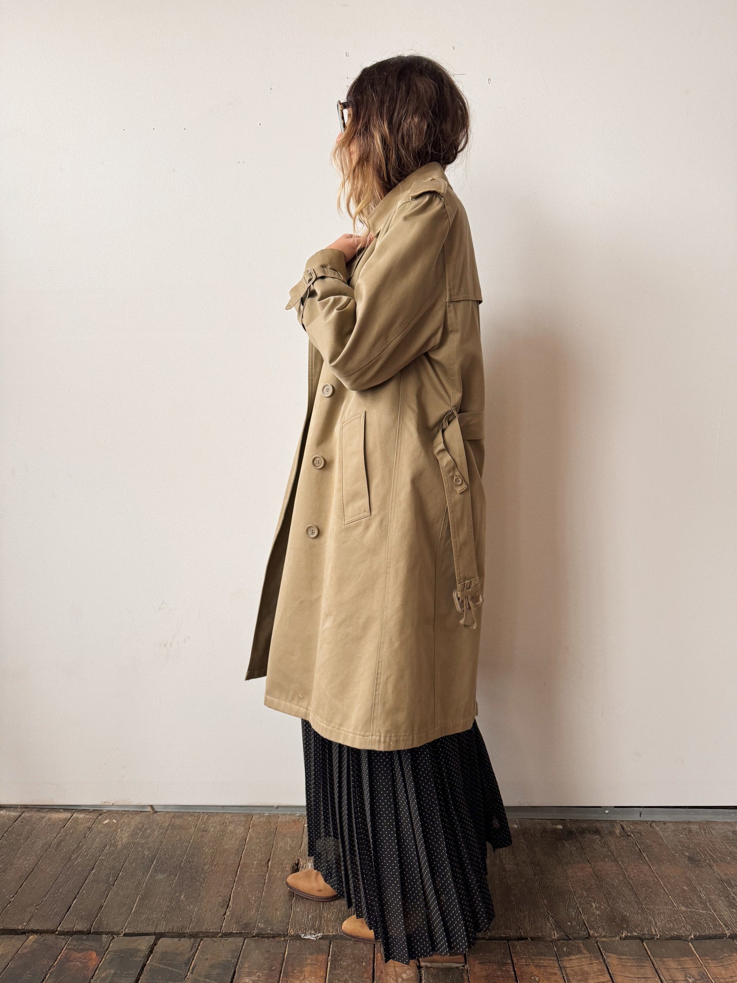 90 Quilted Lined Beige Double-Breasted Trench Coat (S)