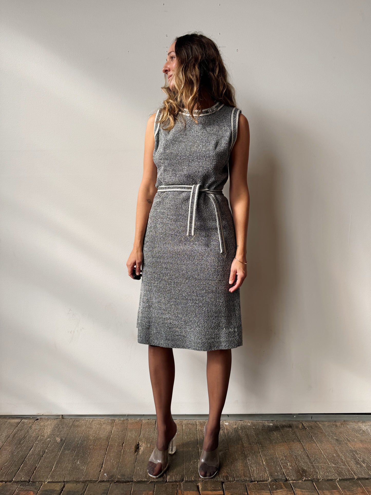 Vintage 70s PLW Silver Metallic Dress with Rhinestone Details (M)