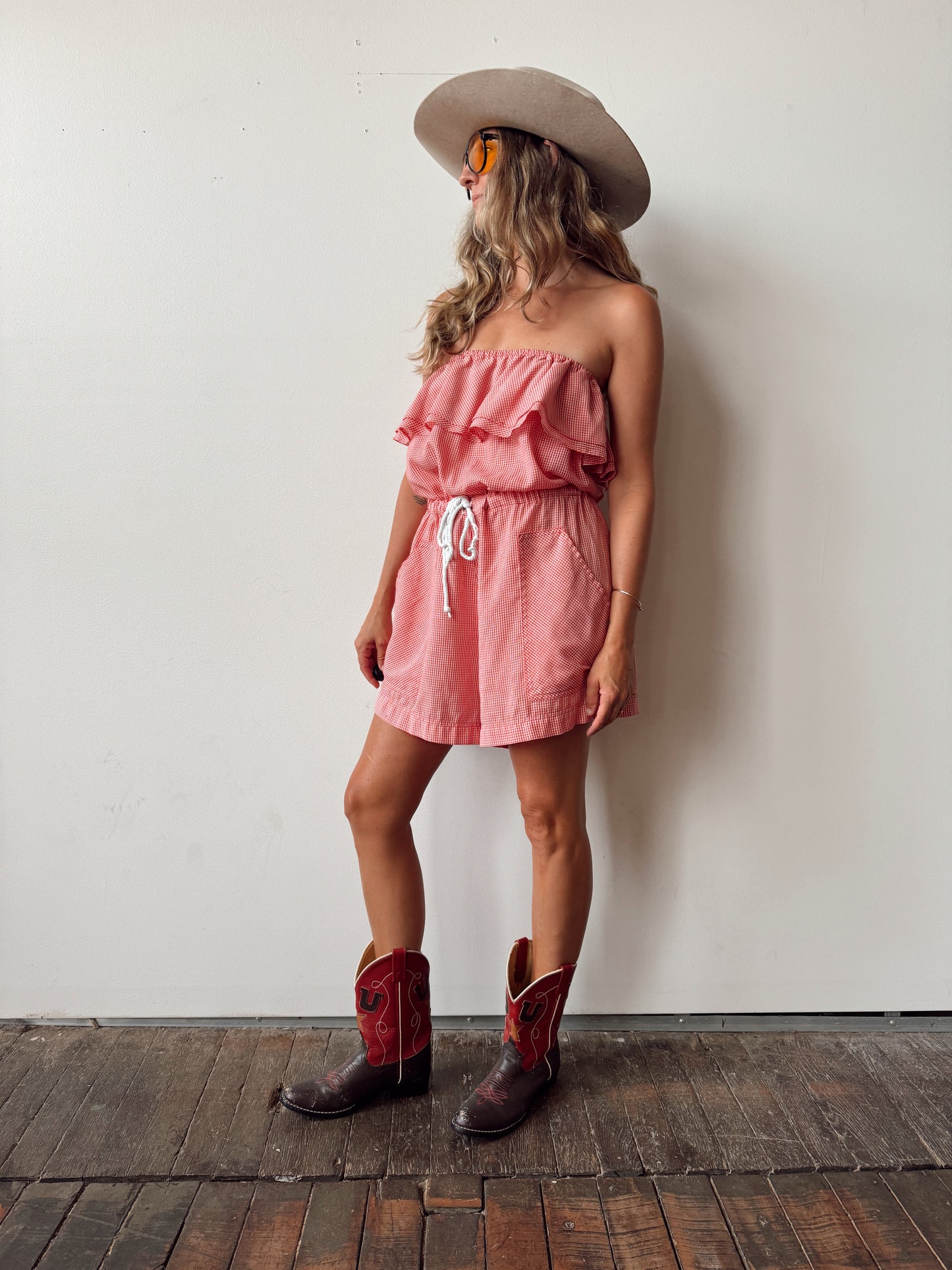 Gingham and Rope Vintage Cotton Ruffle Romper (L)