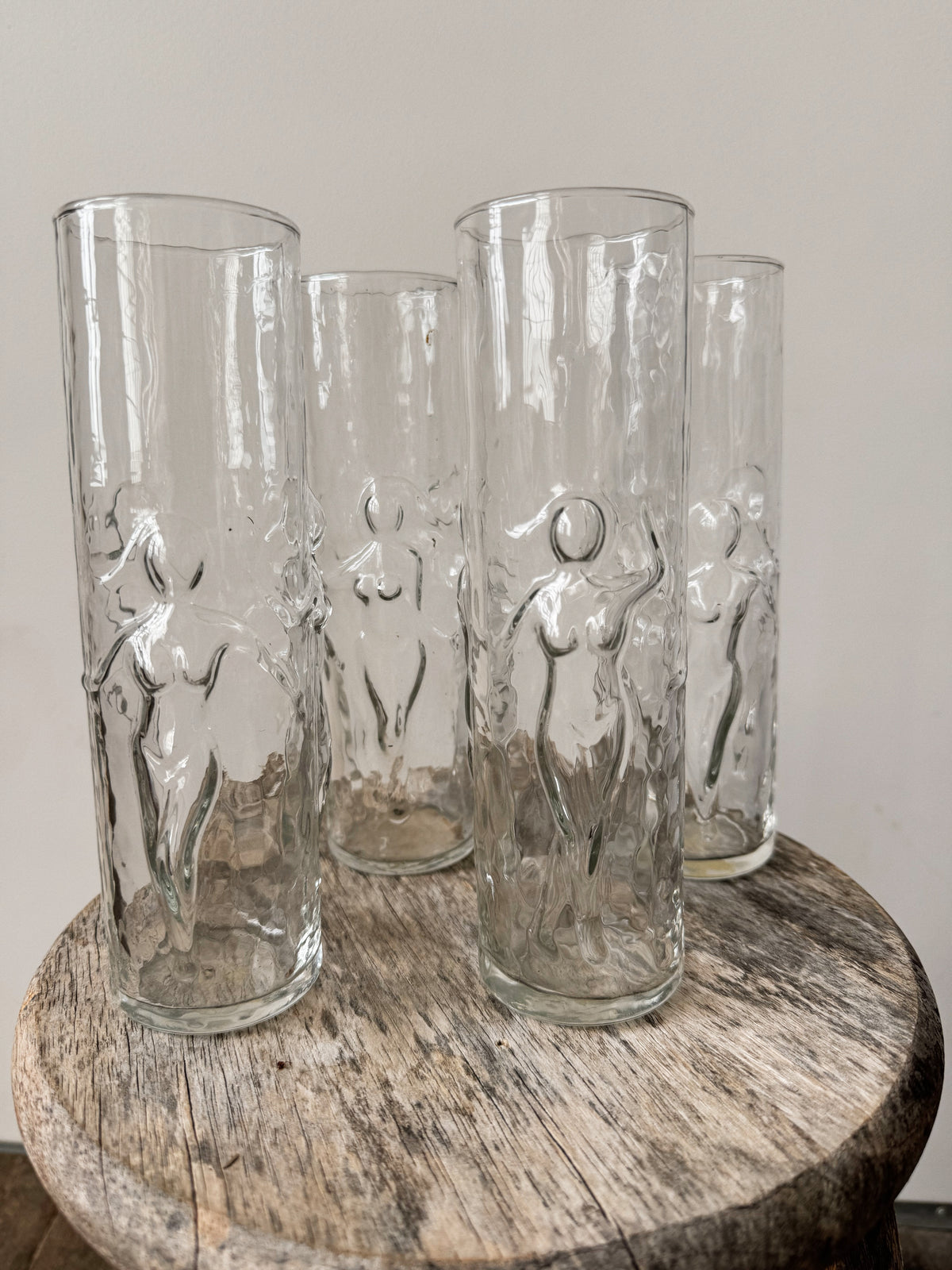 60s Libbey Glass La Femme 3D Dancing Nude Women 9" Highball Cocktail Tumbler, Set of 4
