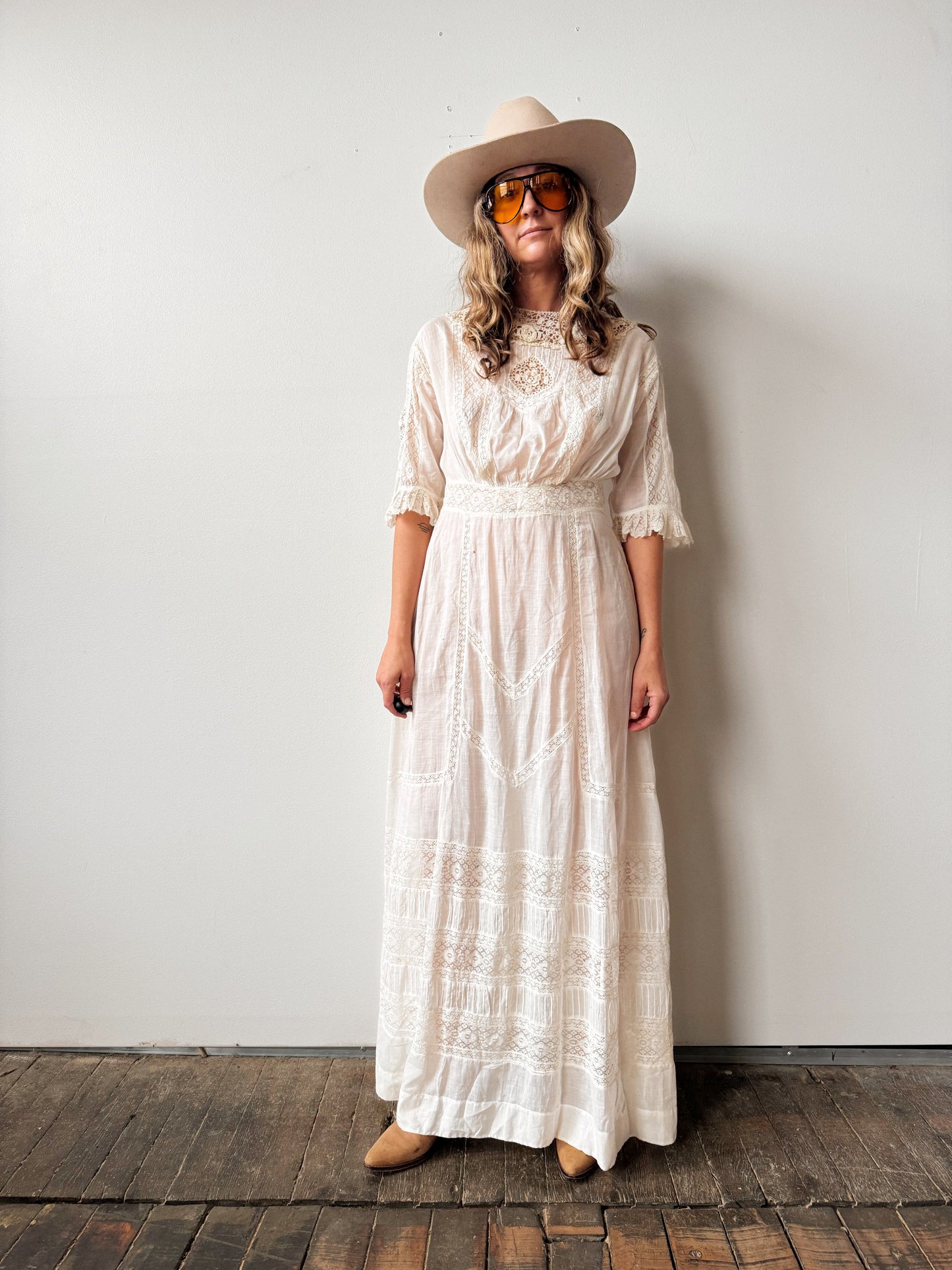 Antique Edwardian 1900s White Cotton Lace Dress (M)