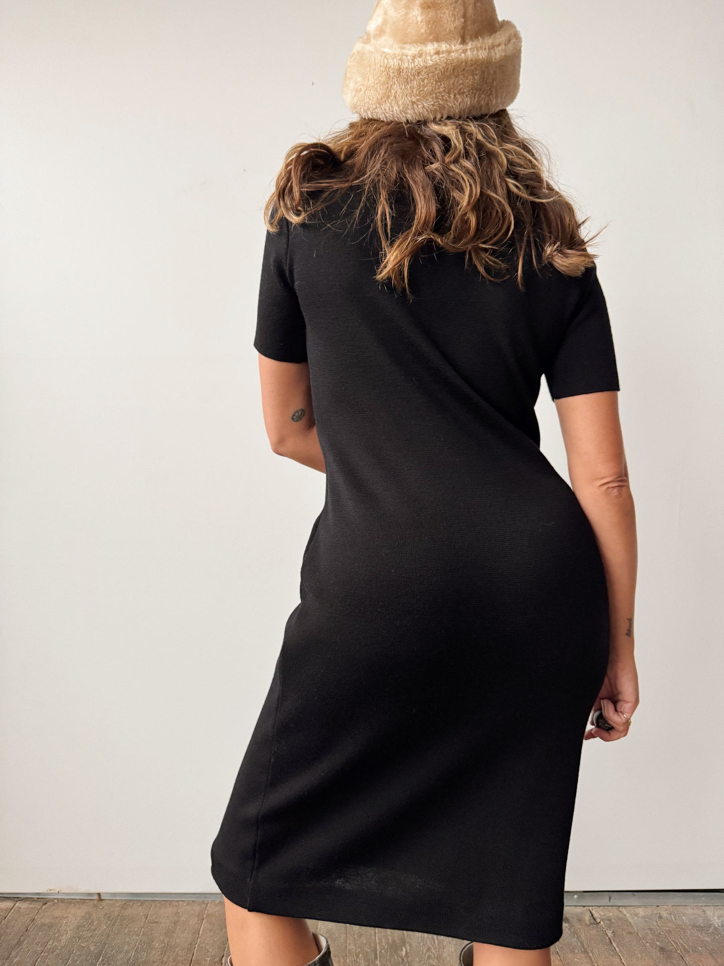 Black Mock-neck Midi Wool Dress (S)