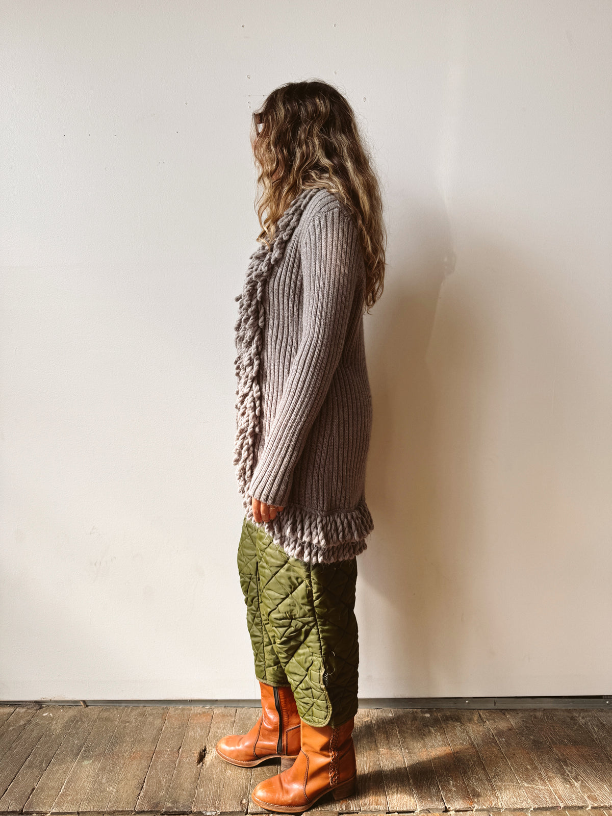 Fringe Y2K Ribbed Knit Cardigan Tie Sweater (L)
