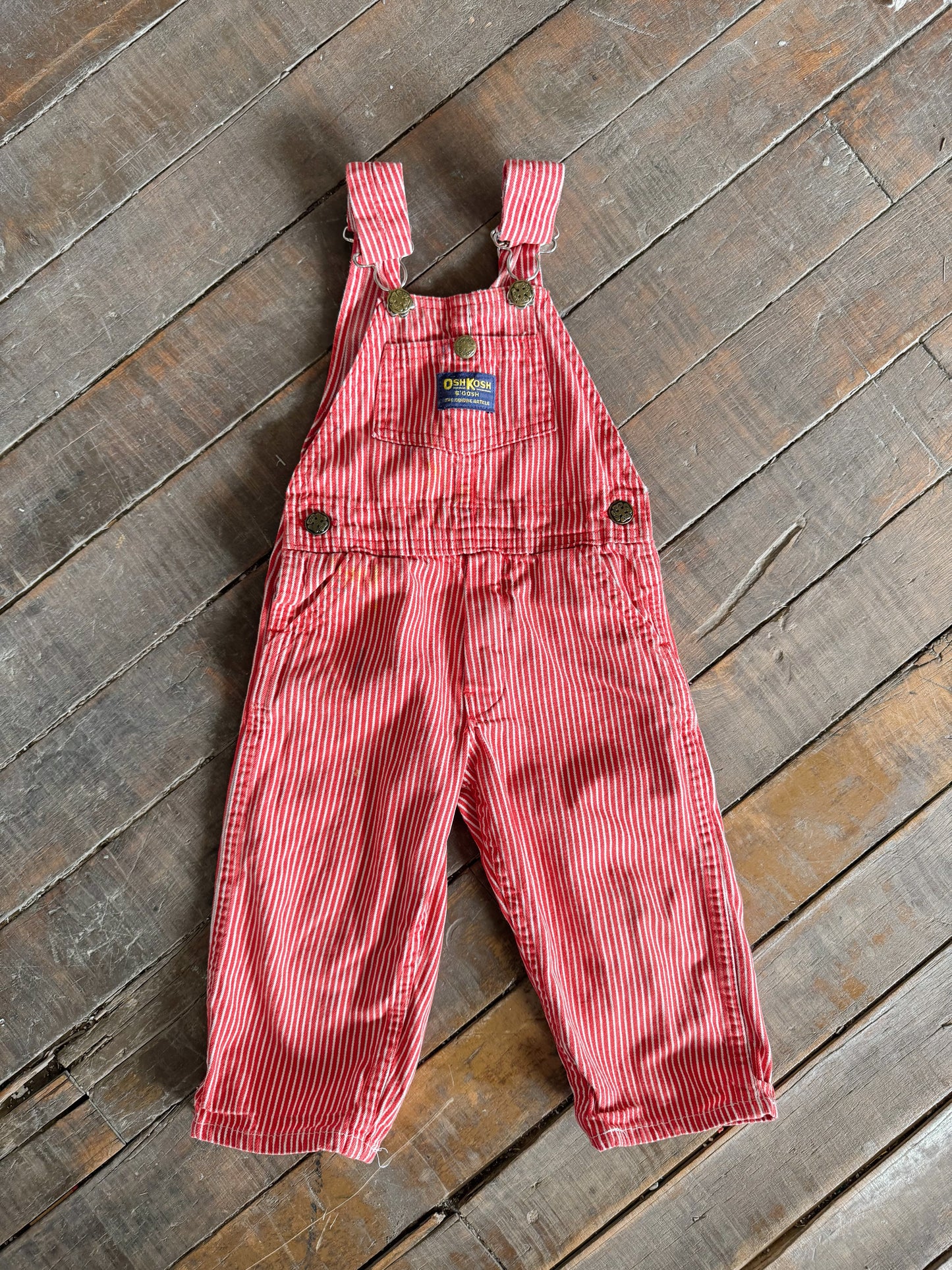 80s Osh Kosh Red Railroad Striped USA Made Overalls (3T)