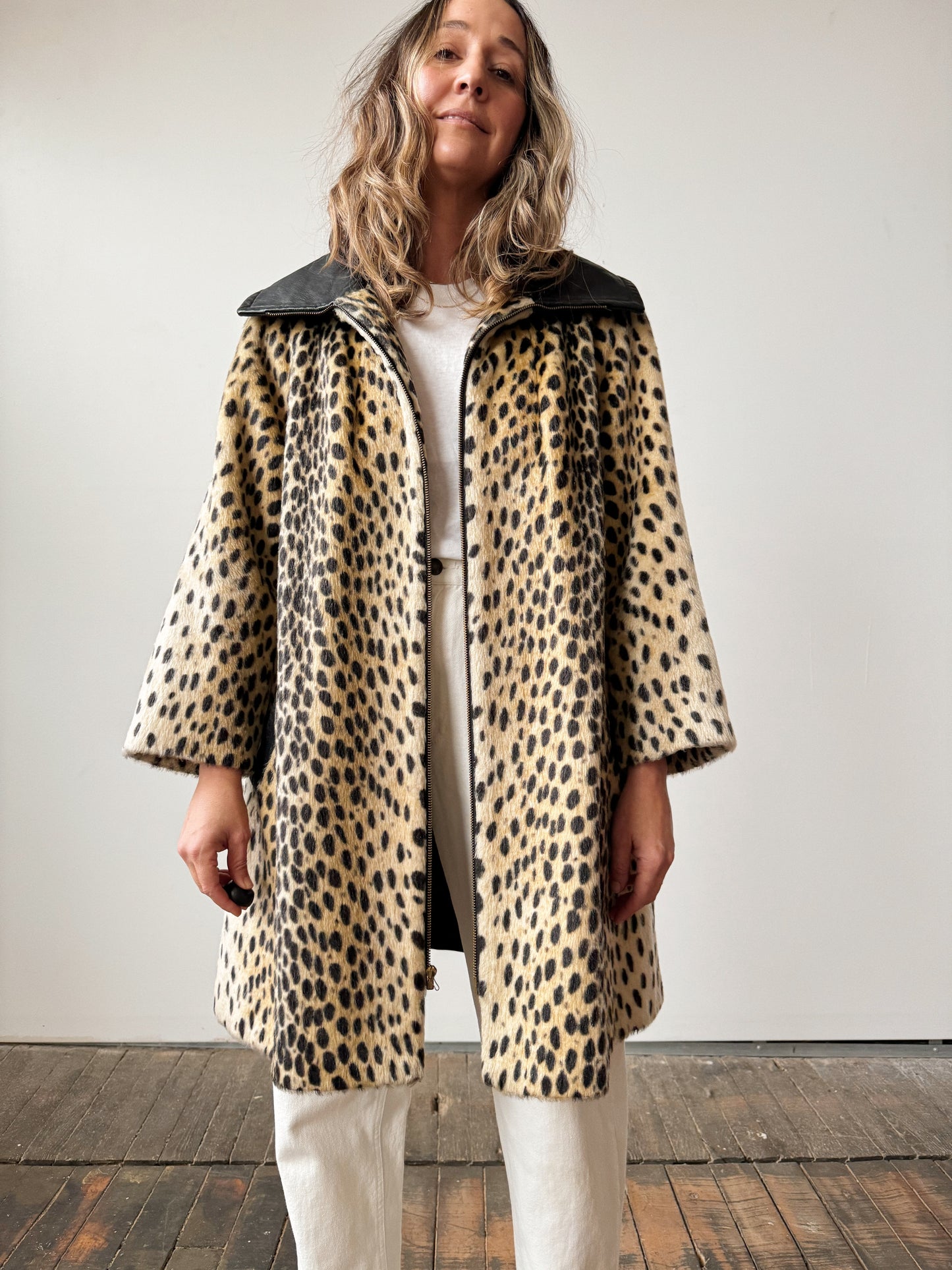 60s Safari Leopard Coat and Leather Swing Coat (M)