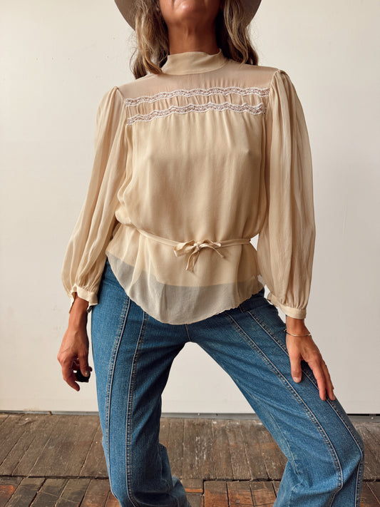 Vintage 40s Silk and Lace Sheer Blouse (S)