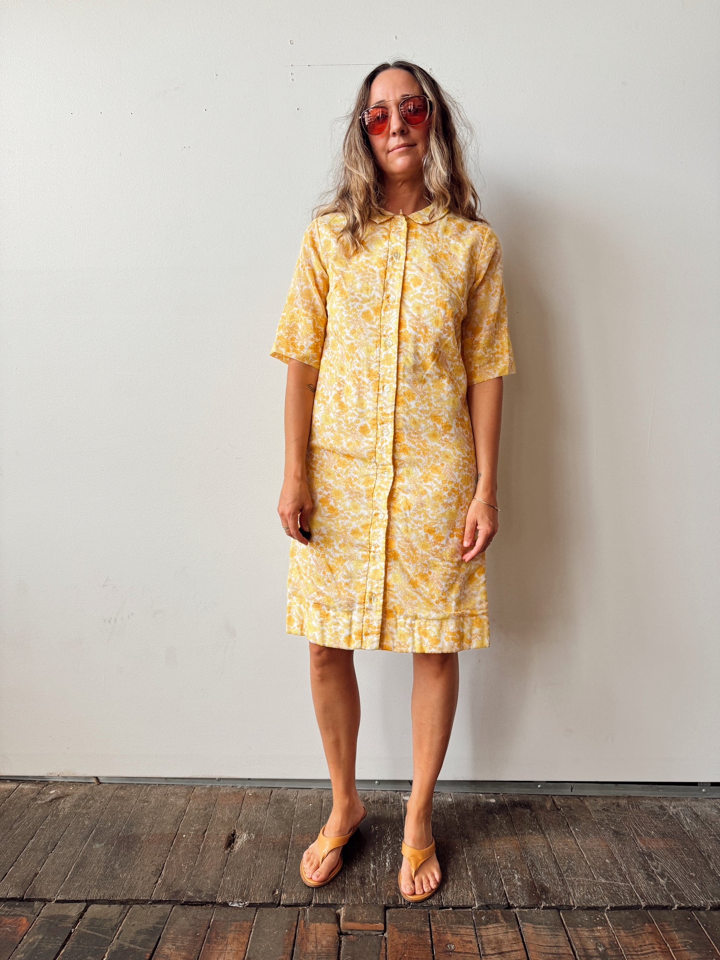 Country Miss 70s Yellow Floral Shirt Dress (M)
