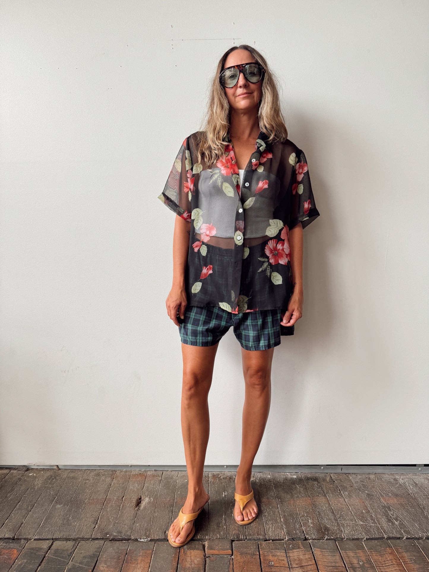 Sheer 90s Floral and Black Blouse (L)