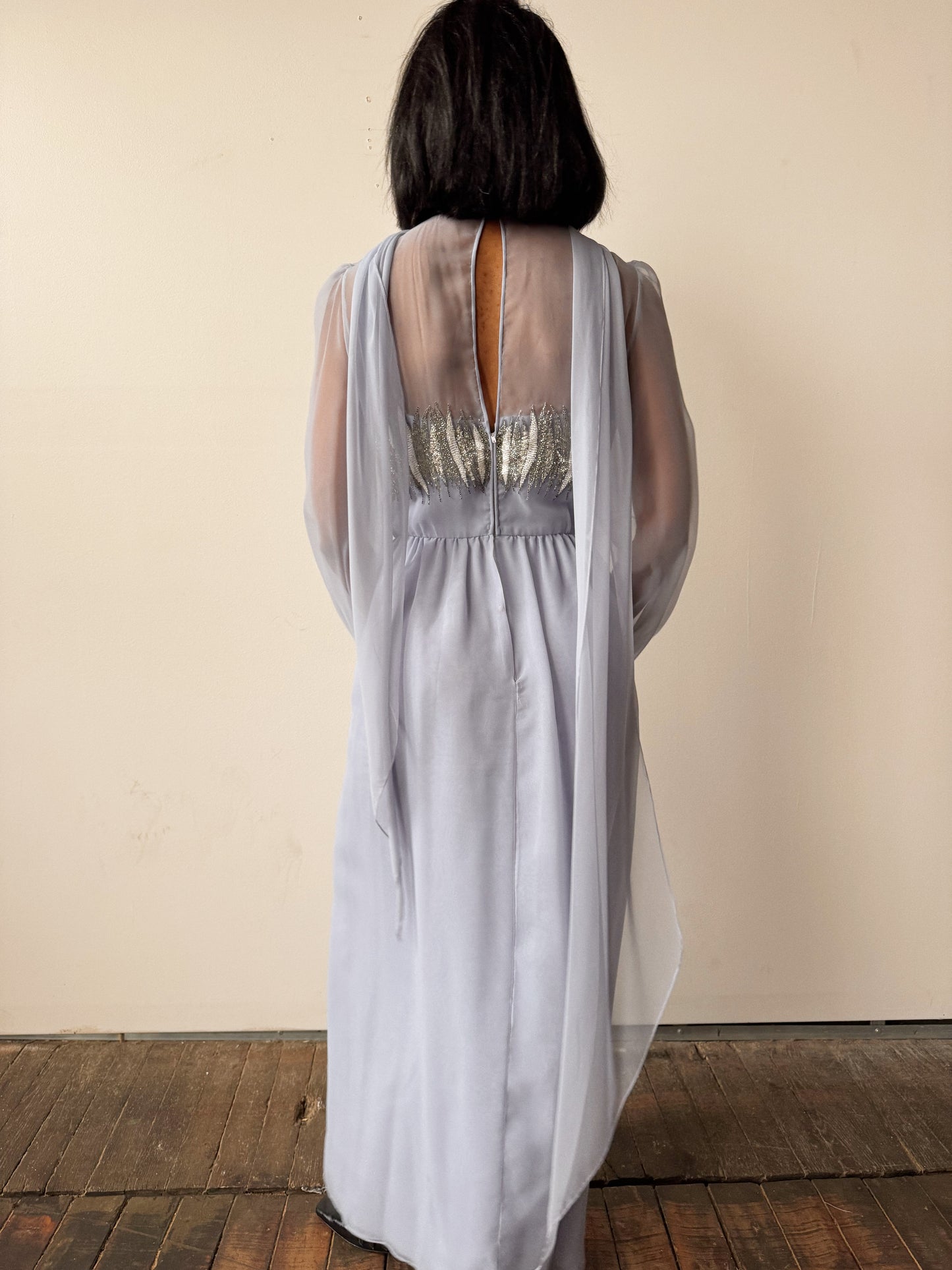 Vintage Beaded Chiffon Sheer Details 70s Dress (M)