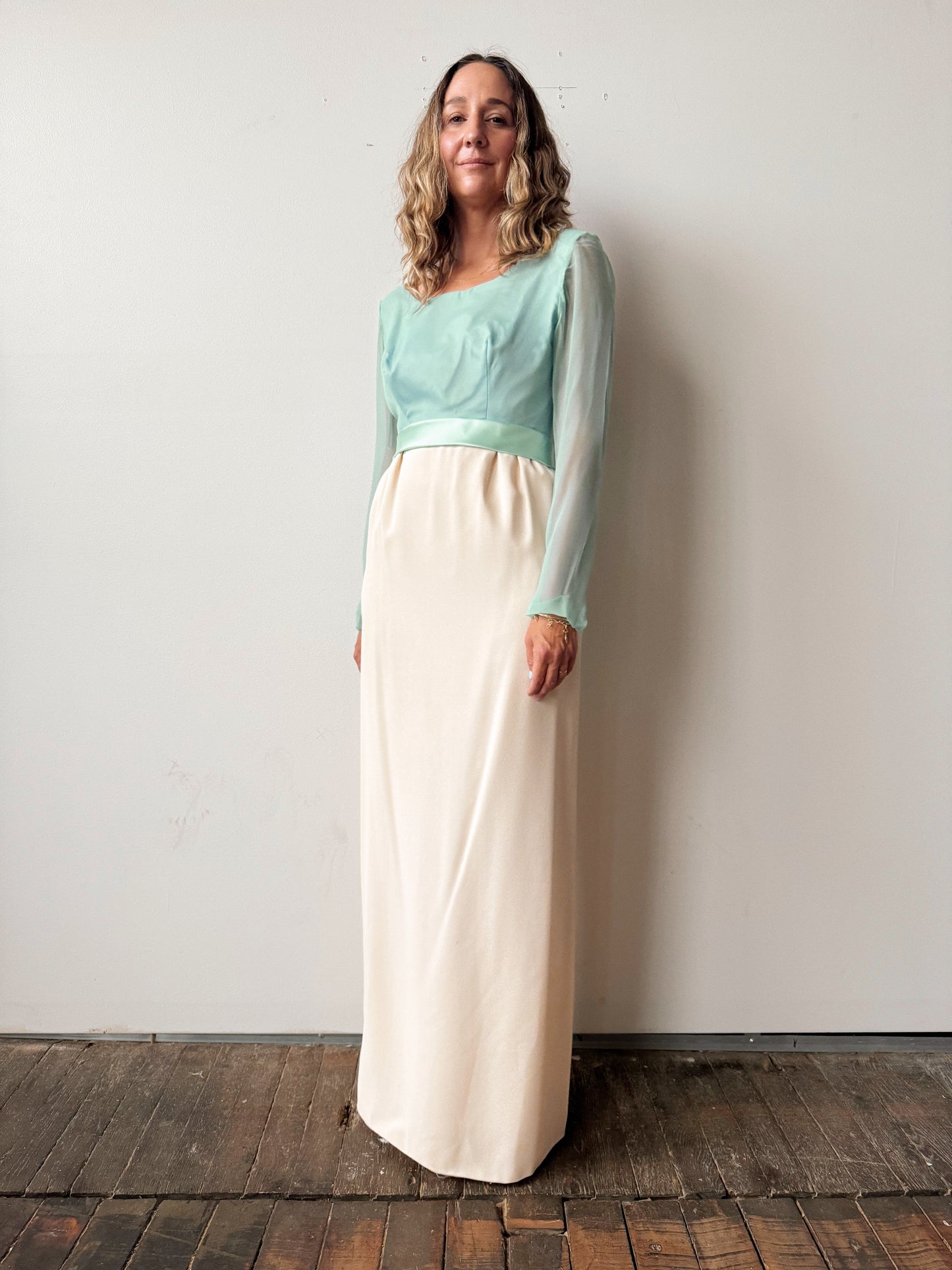 Chiffon 60s Seafoam and Cream Formal Dress (M)